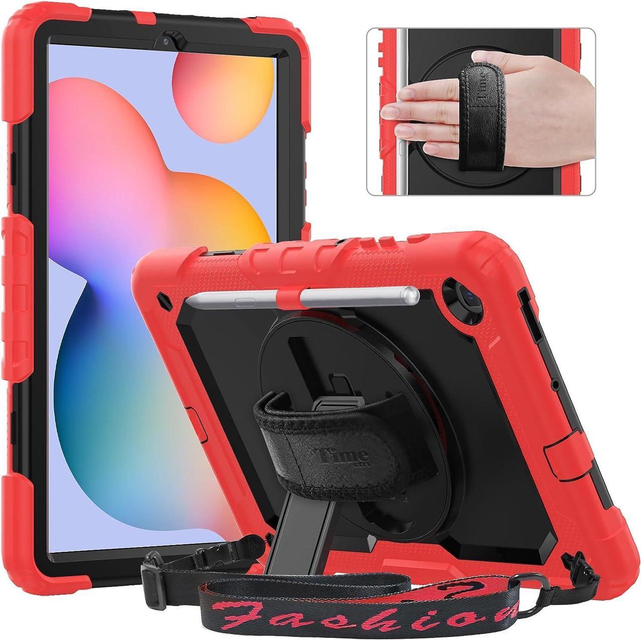 Case for Samsung Galaxy Tab S6 Lite 10.4" 2022/2020 (SM-P613/ P619/ P610/ P615) with Pen Holder Built-in Screen Protector, 360 Degree Swivel Stand, Hand Strap&Shoulder Strap Kids Case- Red