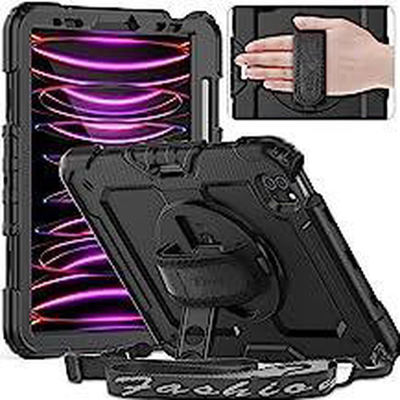 Case for iPad Pro 11 inch 2022/2021/2020/2018, iPad Pro 11 inch Case 4th/3rd/2nd/1st Generation Drop-proof with Screen Protector, Pencil Holder, Rotating Stand, Handle, Shoulder Strap - Black