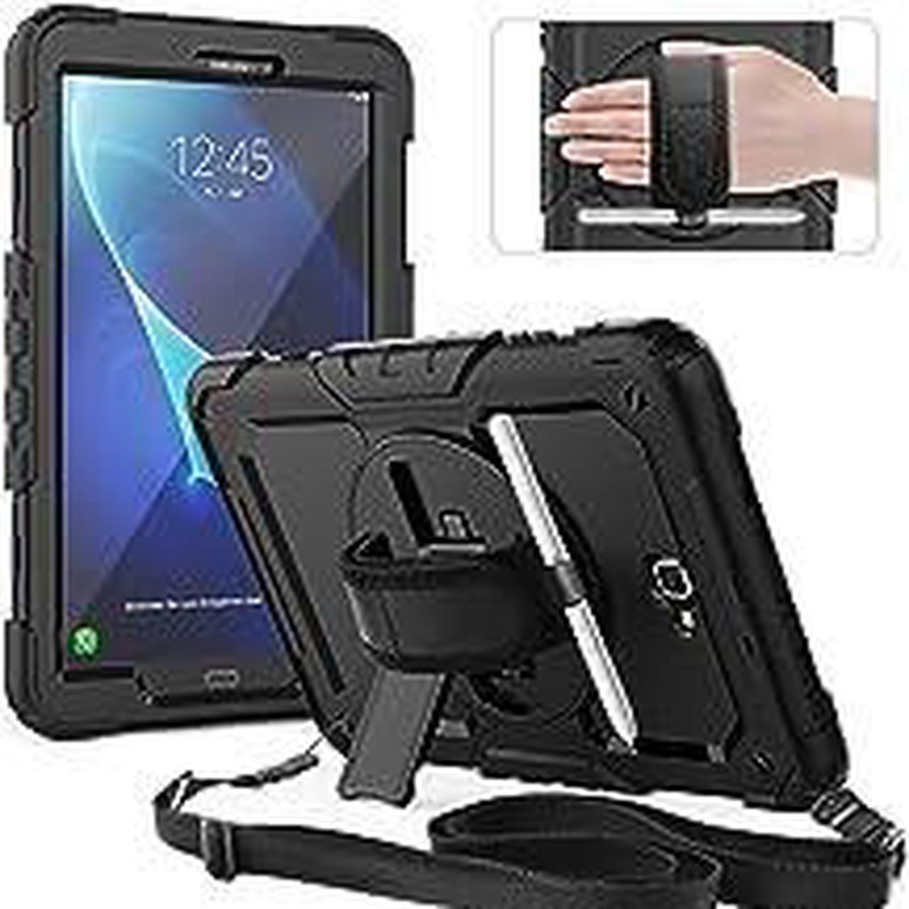 Case for Samsung Galaxy Tab A 10.1 inch 2016 Release, SM-T580 T585 T587 Case, Heavy Duty Protection Case with Screen Protector, Stand, Hand Strap and Shoulder Strap Stylus Holder - Black