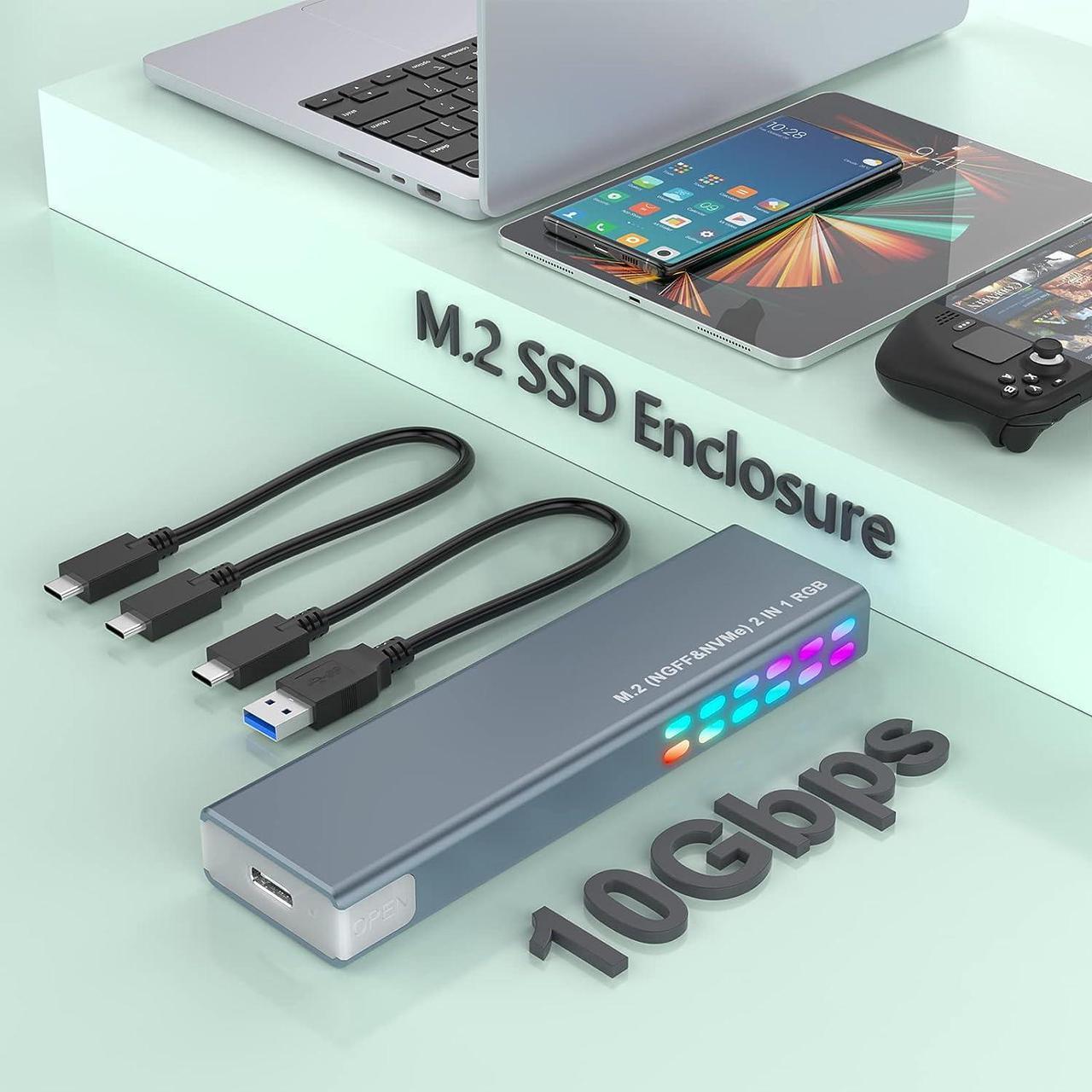 M.2 NVMe and SATA SSD Enclosure Tool-Free, 10Gbps USB 3.1 Gen2 Aluminum M.2 NVME NGFF SSD Enclosure, RGB NVMe SSD Enclosure Supports M and B&M Keys 2280/2230/ 2242/2260 SSDs(with USB C & USB A Cables)