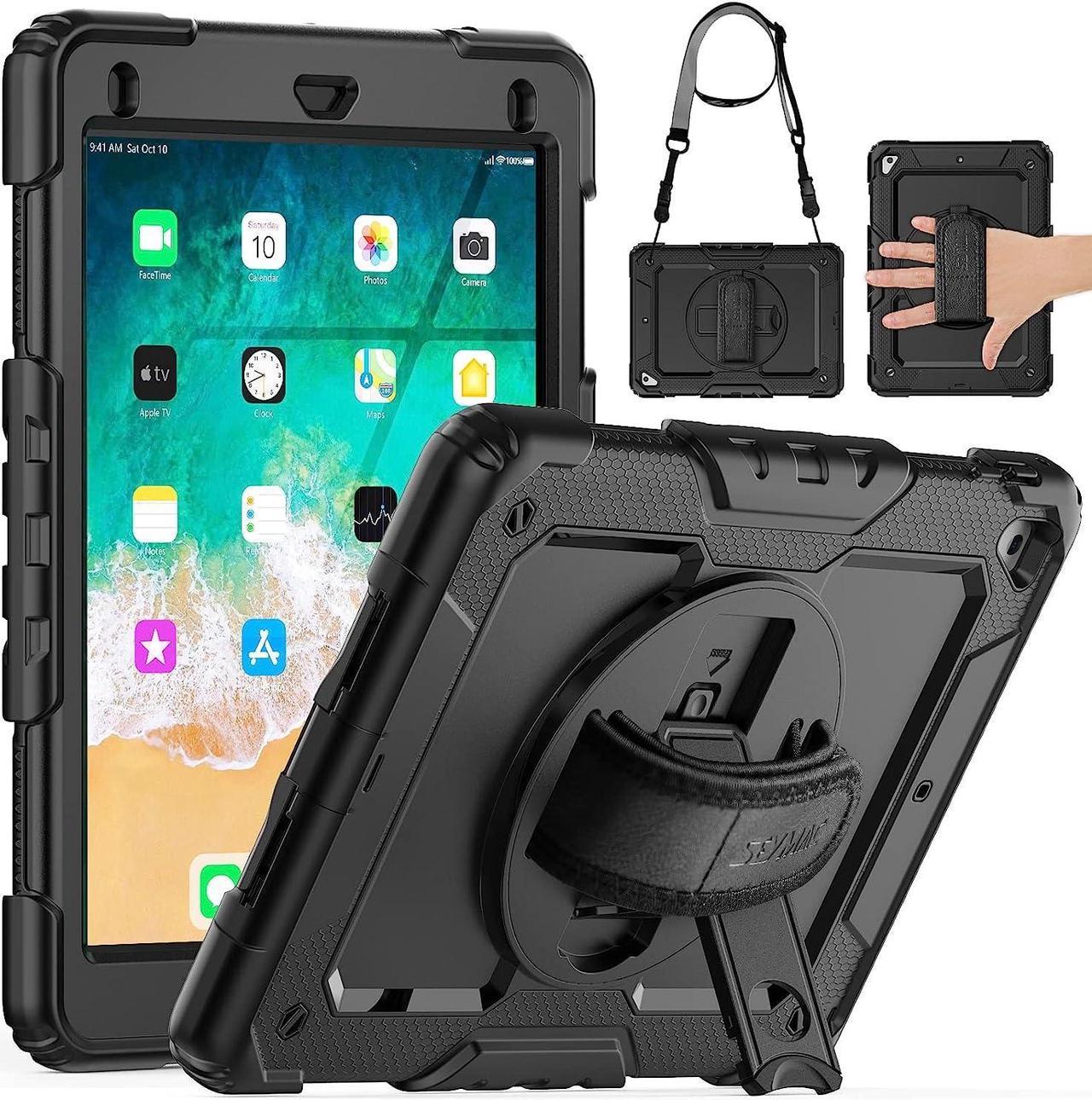 iPad 6th/5th Generation Case 9.7 Inch, Heavy Duty Protective Shockproof Case with Screen Protector, 360° Rotating Stand/Handle/Shoulder Strap for iPad 6th/ 5th Gen/Air 2/ Pro 9.7, Black