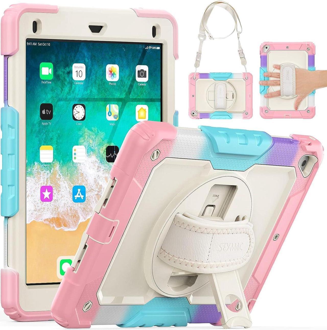 iPad 6th/5th Generation Case 9.7" for Kids, Full-Body Shockproof Heavy Duty Protective Case with Screen Protector, Rotating Stand/Hand/Shoulder Strap for iPad Air 2/ Pro 9.7, Colorful Pink