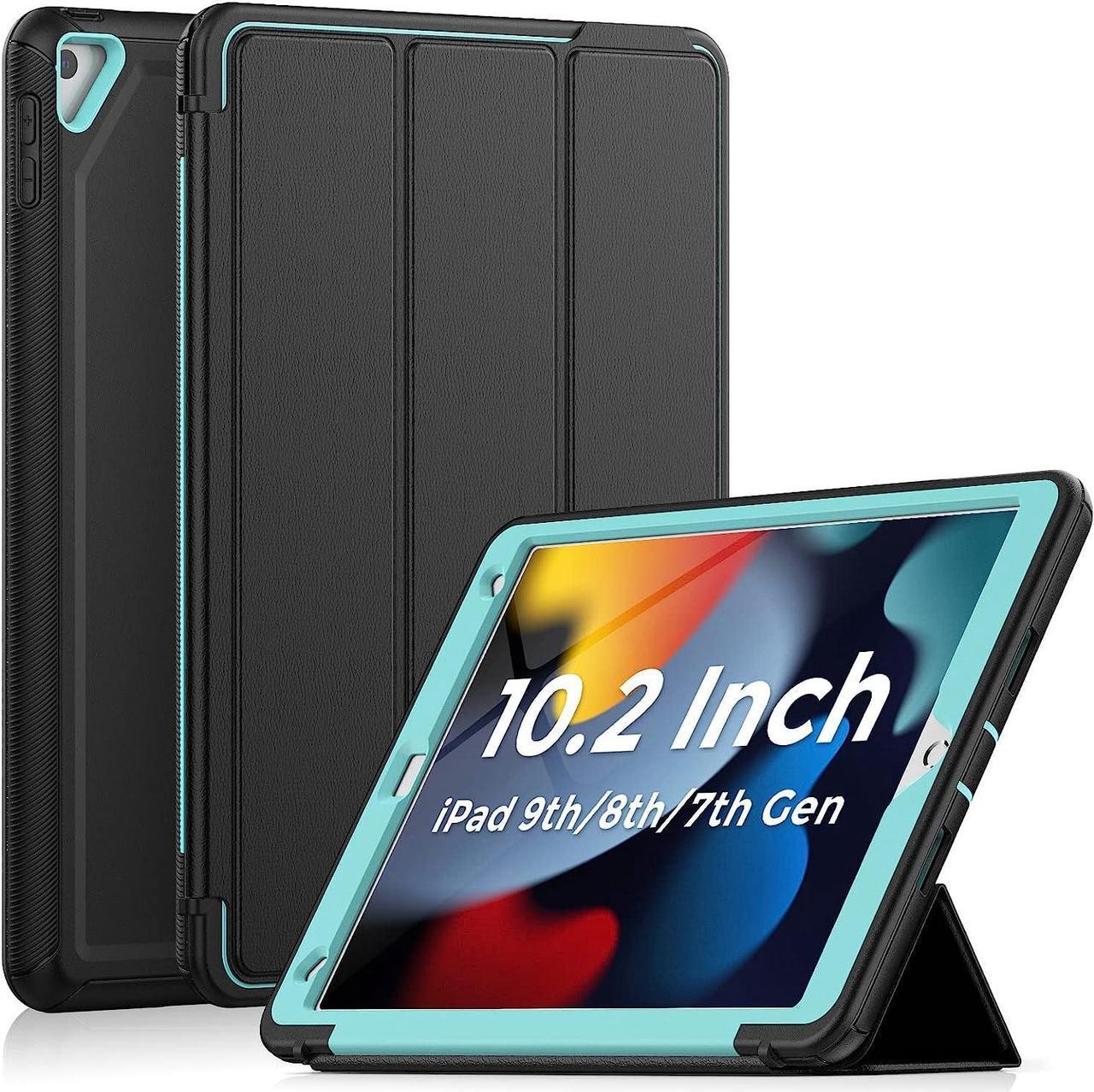 iPad 9th/8th/7th Generation Case, iPad 10.2 Case, Durable Sturdy Heavy Duty Shockproof Protection Folio Stand Case with Smart Cover Auto Sleep/Wake for iPad 10.2 Inch, Black+Light Blue