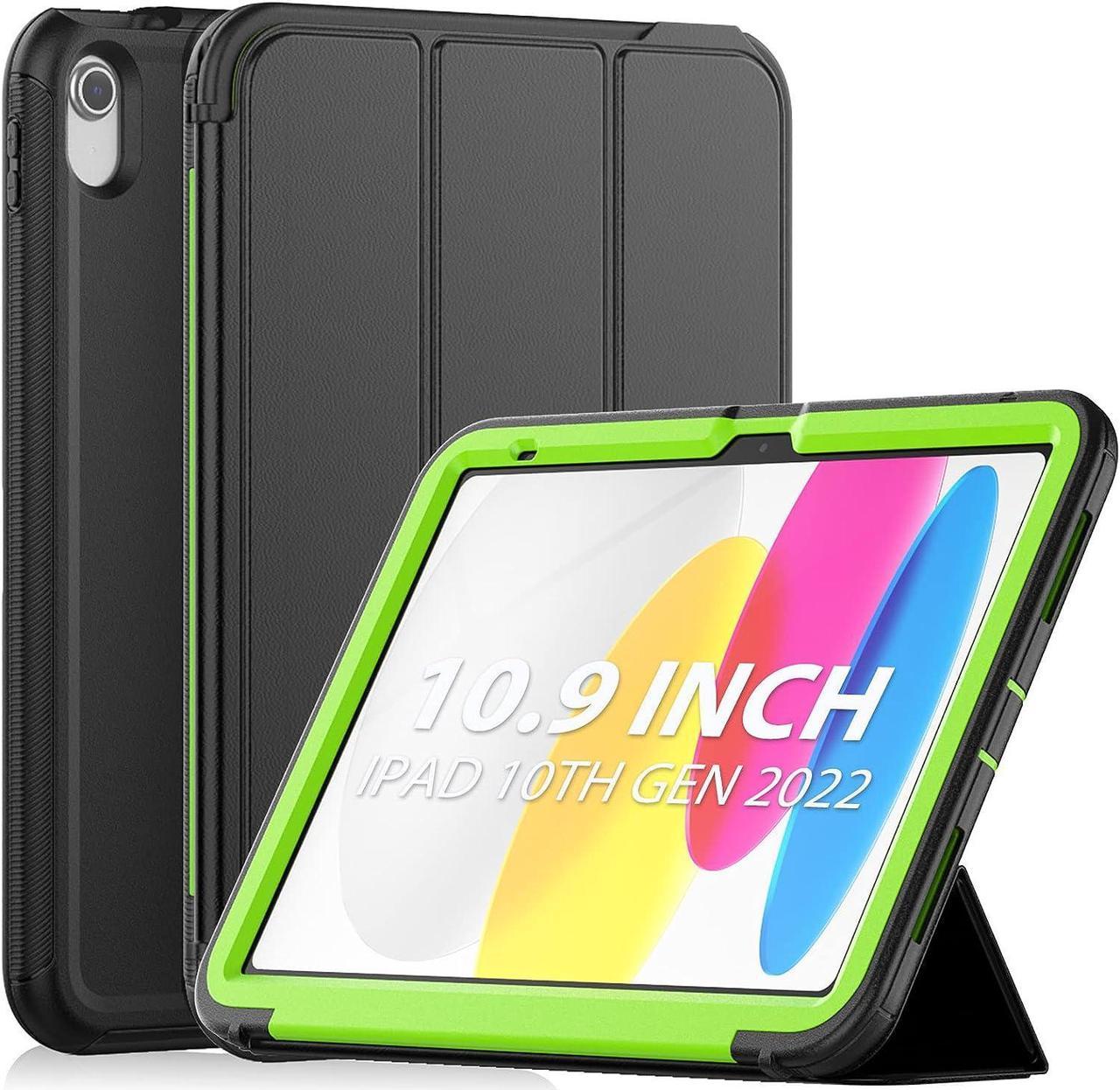 iPad 10th Generation 10.9 Inch 2022 Release, Durable Sturdy Heavy Duty Shockproof Protection Folio Stand Case with Smart Cover Auto Sleep/Wake for iPad 10th Gen Case, Black/Green