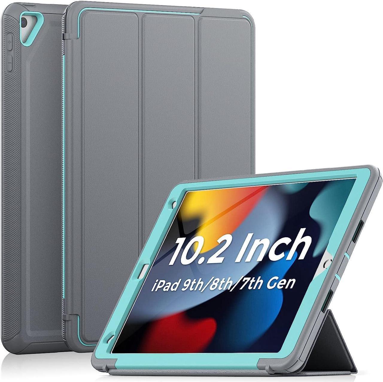 iPad 9th/8th/7th Generation Case, iPad 10.2 Case 2021/2020/2019, Heavy Duty Shockproof Protection Folio Stand Case with Smart Cover Pencil Holder for 10.2'' iPad 7/8/9 - Grey/Light Blue