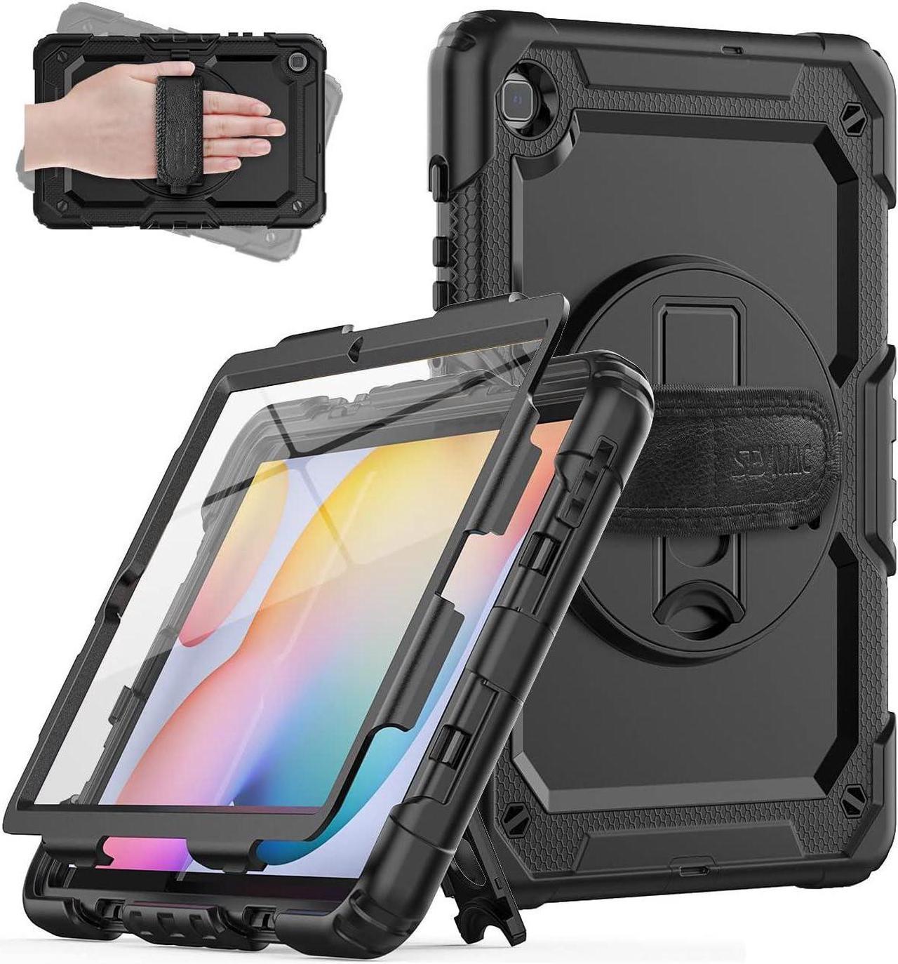 Case for Samsung Galaxy Tab S6 Lite 10.4'' (SM-P610/P615/P613/P619), Durable Heavy Duty Full-Body Shockproof Protective Case with Screen Protector, Rotating Stand, Hand/Shoulder Strap, Black