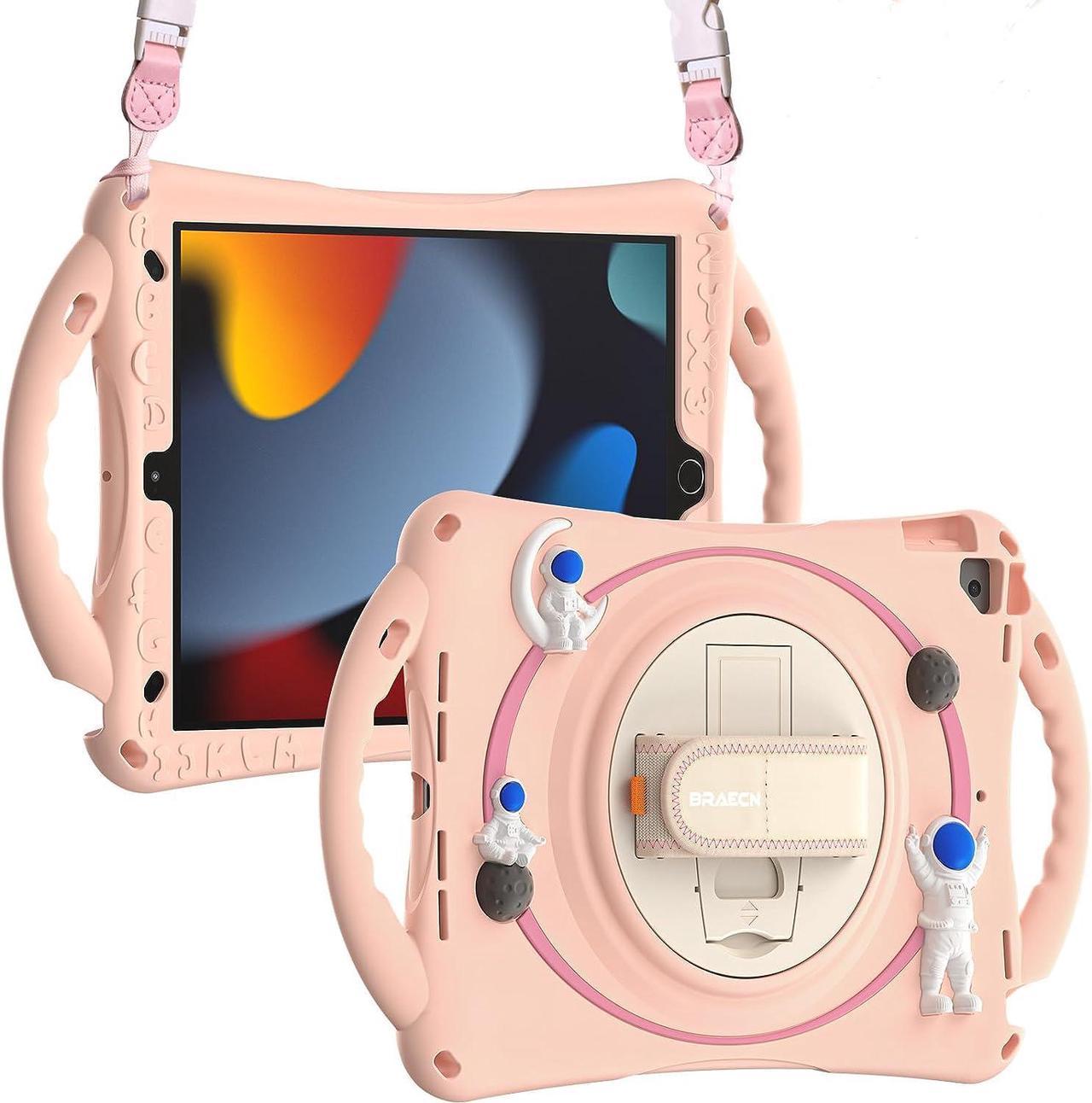 iPad Kids Case 9th 8th 7th Generation 10.2 Inch 2021 2020, Heavy Duty Case with 360° Rotating Bracket & Hand Strap/Pencil Holder/Shoulder Straps for iPad Air 3th Gen 10.5 inch 2019 2017-Pink