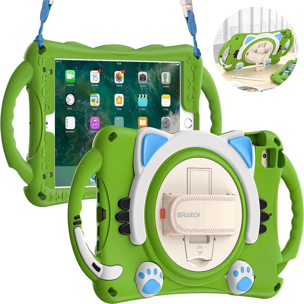 iPad Mini 5th/4th/3rd/2nd/1st Generation Case Kids, Silicone Rubber Shockproof Kids Friendly Boys Girls Cover with Adjustable Strap,Handle Grip,Pencil Holder,Rotating Kickstand,Hand Strap-Green