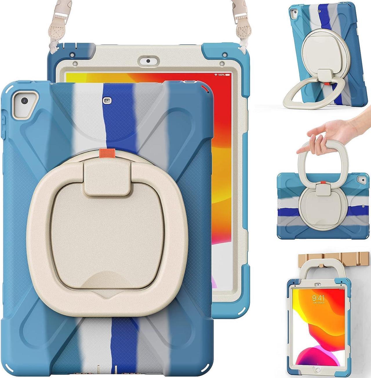 6th/5th Generation iPad Case 9.7 Inch, iPad Pro 9.7 Case,iPad Air 2 Case,Full-Body Rugged Case with Pencil Holder/Swivel Stand/Hand Grip/Adjustable Shoulder Strap for Boys &Girls-Colorful Blue