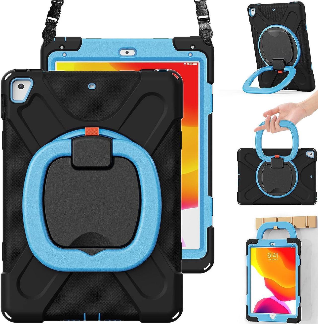 Case for iPad 6th/5th Generation, iPad Air 2 Case, iPad Pro 9.7 Case, Rugged Silicone Case with 360° Rotating Handle Grip,Pencil Holder, Kickstand, Shoulder Strap for iPad 6th Gen-Black+Blue