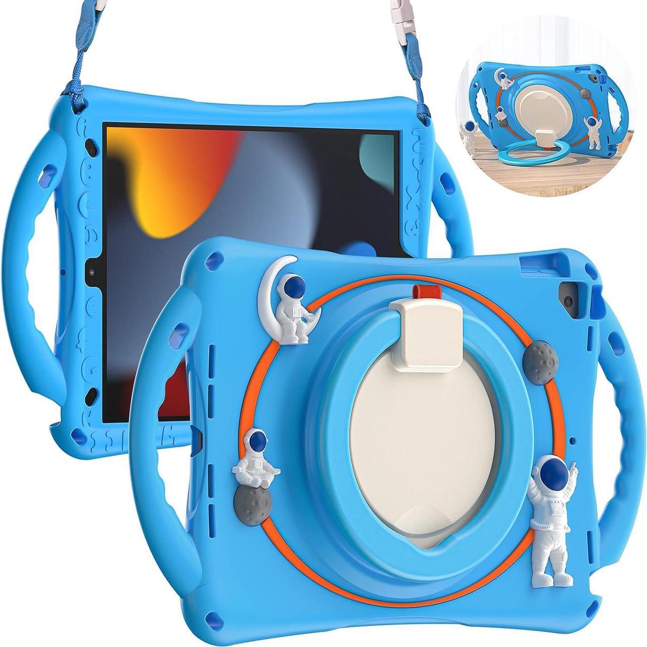 3D Cute Cartoon Astronaut Case for iPad 9th 8th 7th Generation 10.2,Silicone Kids Boys Spaceman Case with Pencil Holder,Carrying Strap,Handle Grip,Kickstand for iPad Air 3/Pro 10.5-Light Blue