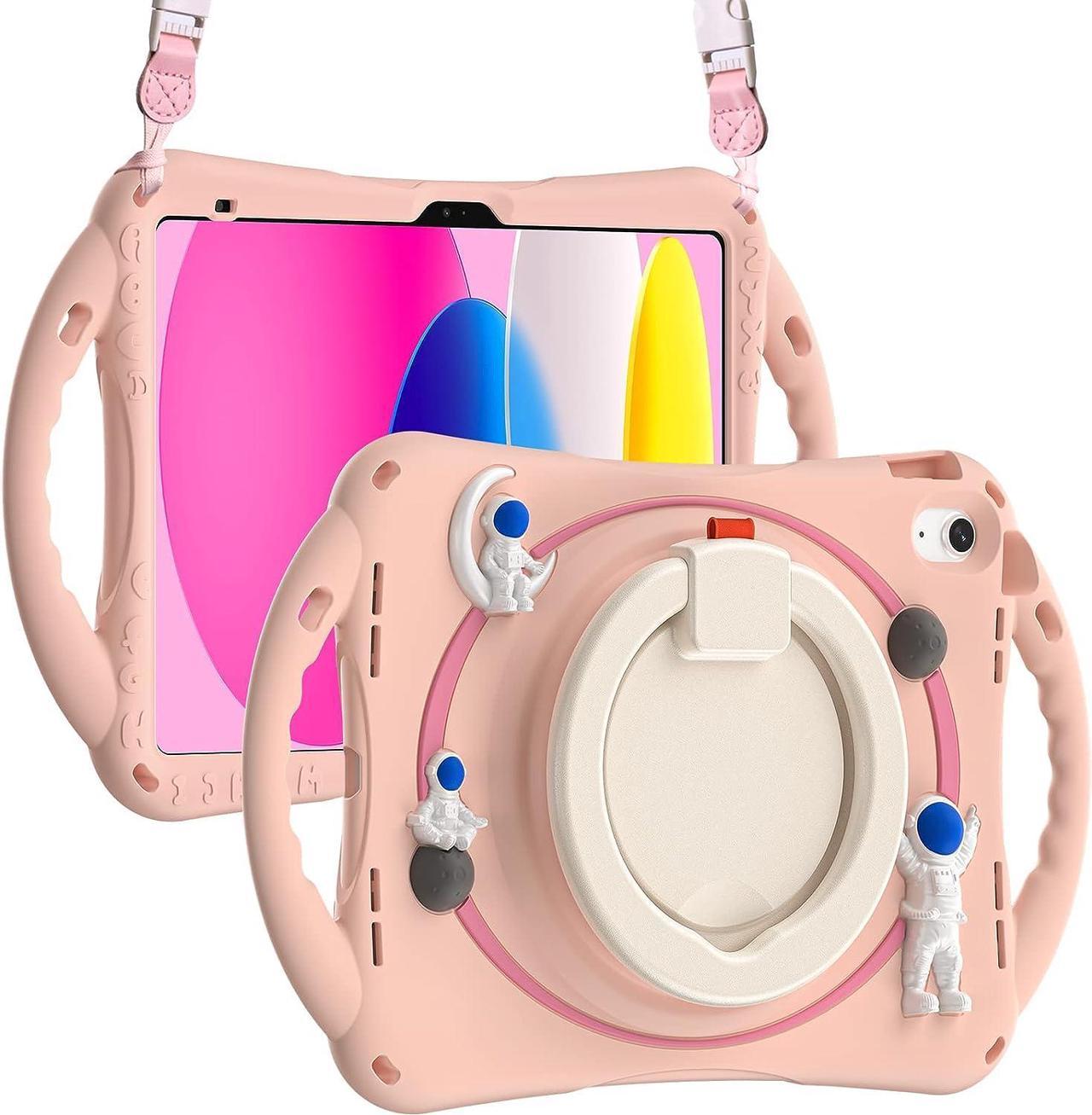 3D Cute Space Astronauts Case for iPad 10th Generation 10.9 Inch 2022 A2696 A2757 A2777, Silicone Kids Girls Spaceman Case with Pencil Holder,Carrying Shoulder Strap,Handle Grip,Kickstand-Pink