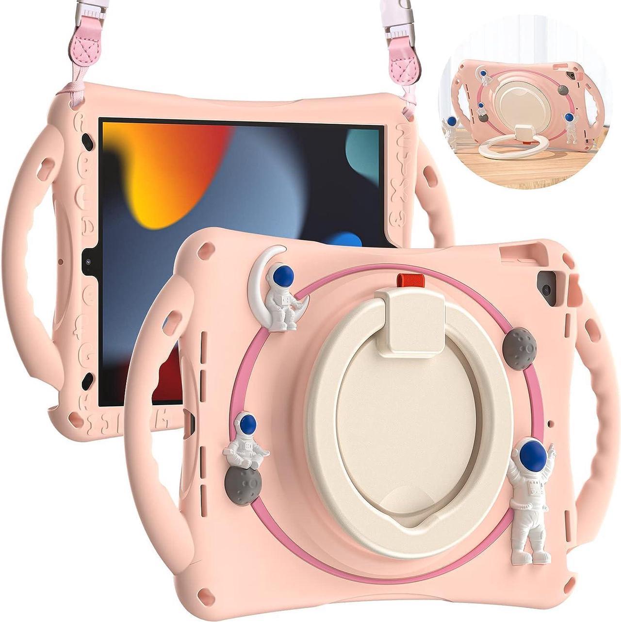 3D Cute Astronauts Case for iPad 9th 8th 7th Generation 10.2 Inch,Silicone Kids Girls Spaceman Case with Pencil Holder,Carrying Strap,Handle Grip,Kickstand for iPad Air 3 Gen/iPad Pro 10.5-Pink