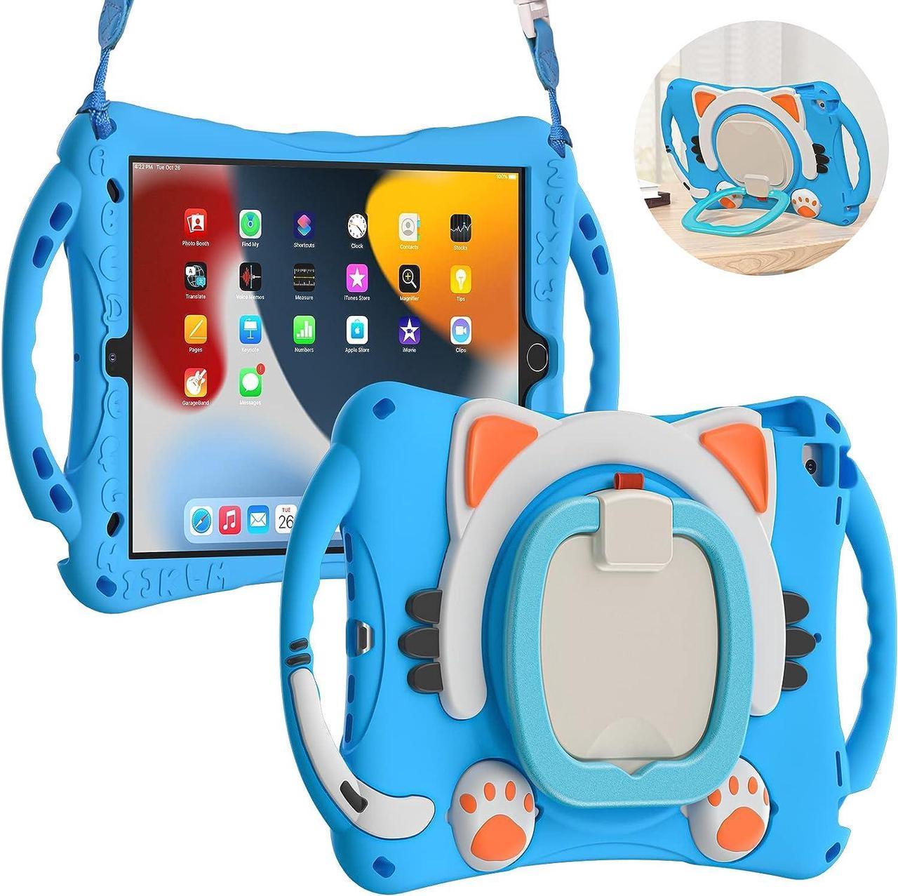 Cute Cat Case for iPad 9th 8th 7th Generation 10.2 2021/2020/2019, Silicone Kids Boys Case with Pencil Holder,Carrying Strap,Handle Grip,Kickstand for iPad Air 3/Pro 10.5 2019/2017-Light Blue