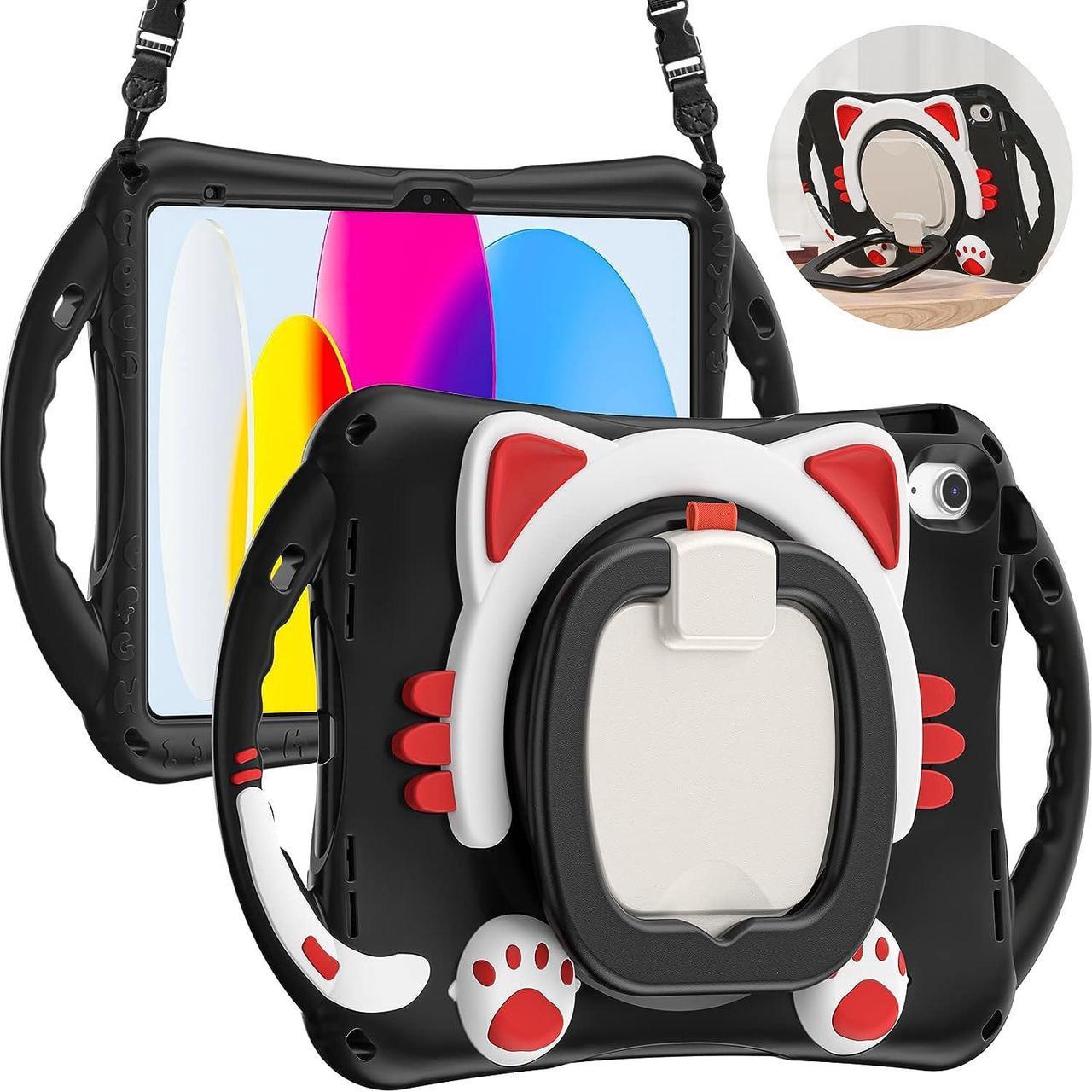 Cute Cat Case for iPad 10th Generation 10.9 Inch 2022, Silicone Kids Girls Case with Pencil Holder,Carrying Shoulder Strap,Handle Grip,Kickstand for iPad 10th Gen A2696 A2757 A2777-Black Red