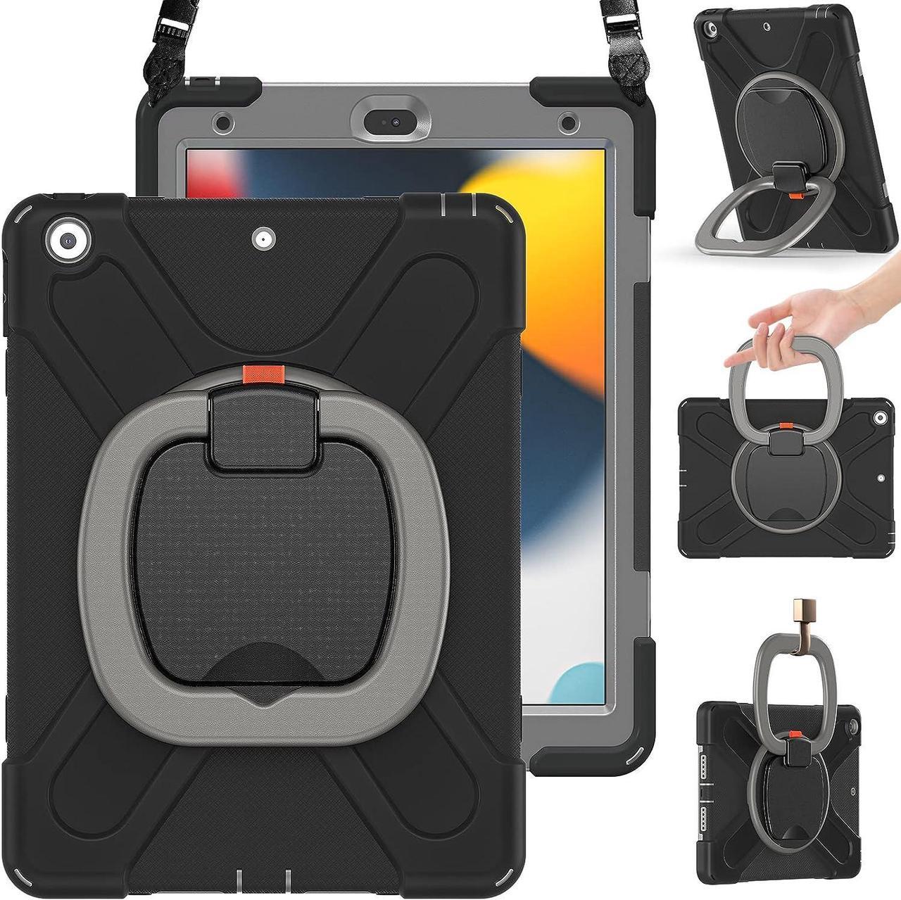 iPad 9th 8th 7th Generation Case for Kids, Shockproof Silicone Cover with Screen Protector, Handle Grip, Stand, Shoulder Strap, Pencil Holder, Pencil Cap Holder for iPad 10.2 Inch-Black+Grey