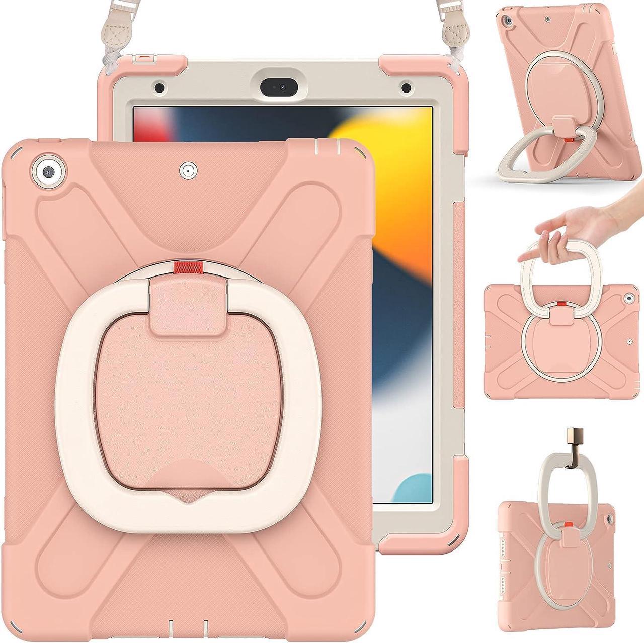 iPad 9th/8th/7th Gen Case,Protective Kids Silicone Case with Shoulder Strap, Handle Grip, Stand, Built-in Screen Protector, Pencil Holder for iPad 10.2 9/8/7 Generation 2021/2020/2019-Rose Gold