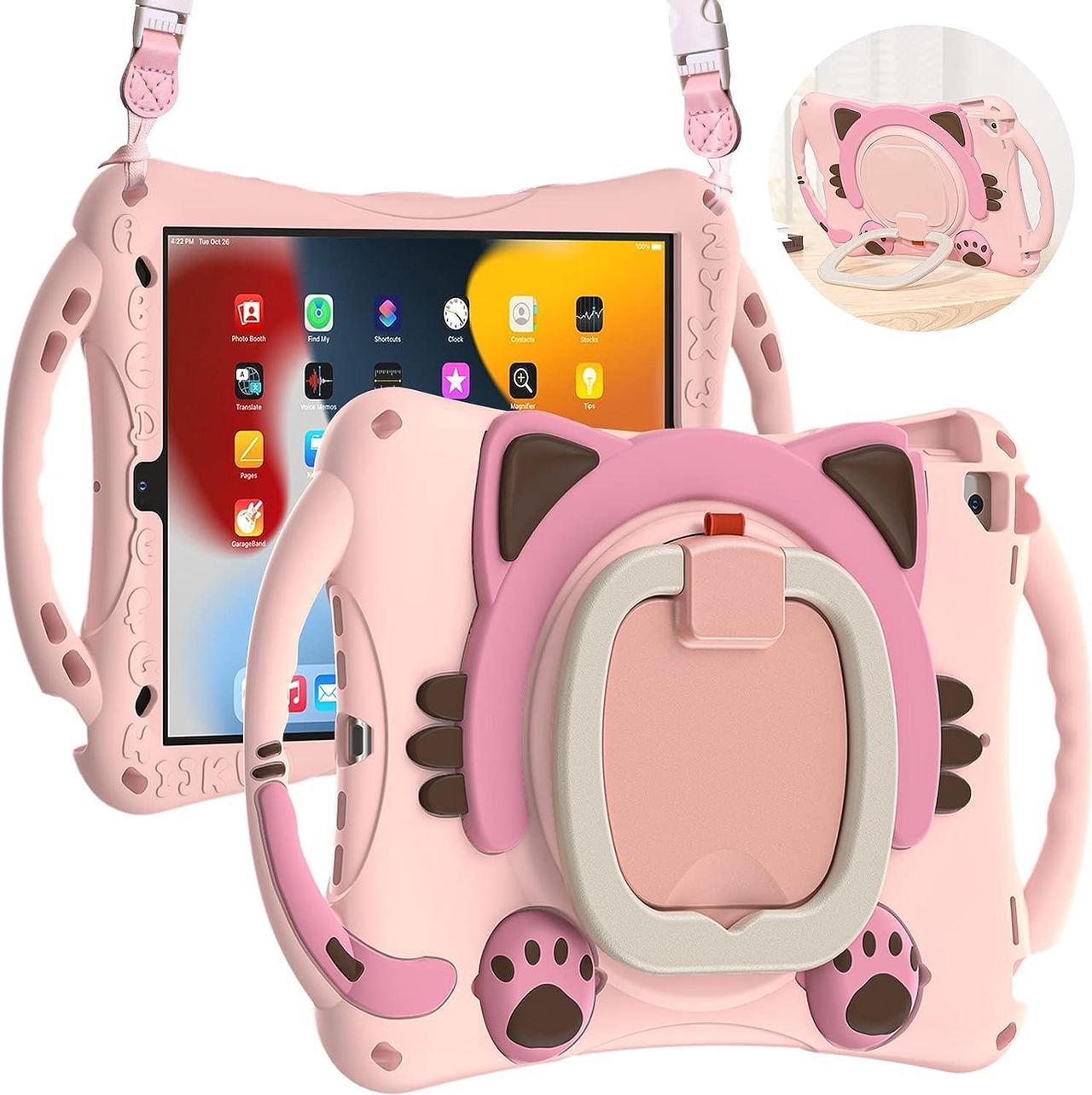 Cute Cat Case for iPad 9th 8th 7th Generation 10.2 2021/2020/2019, Silicone Kids Boys Girls Case with Pencil Holder,Carrying Strap,Handle Grip,Kickstand for iPad Air 3/Pro 10.5 2019/2017-Pink