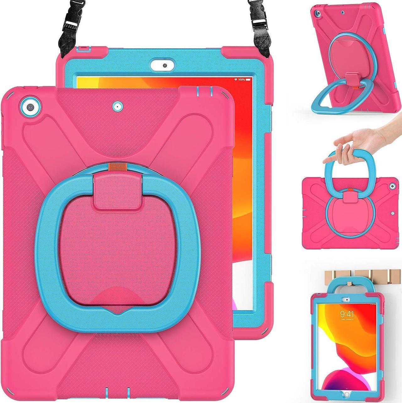 Kids Case for iPad 10.2 Inch 9th 8th 7th Generation 2021 2020 2019,Shockproof Hybrid Silicon Case with Screen Protector Kickstand Handle Grip Shoulder Strap Pencil Holder Pencil Cap Holder-Rose