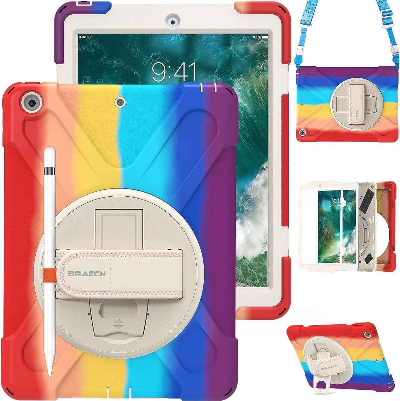 iPad 9.7 Case for Kids, iPad 6th/5th Generation Cases, Heavy Duty Rugged Kids Case with Hand Strap Kickstand Pencil Holder Shoulder Strap for Apple iPad 9.7 Inch A1893/A1954/A1822/A1823-Rainbow