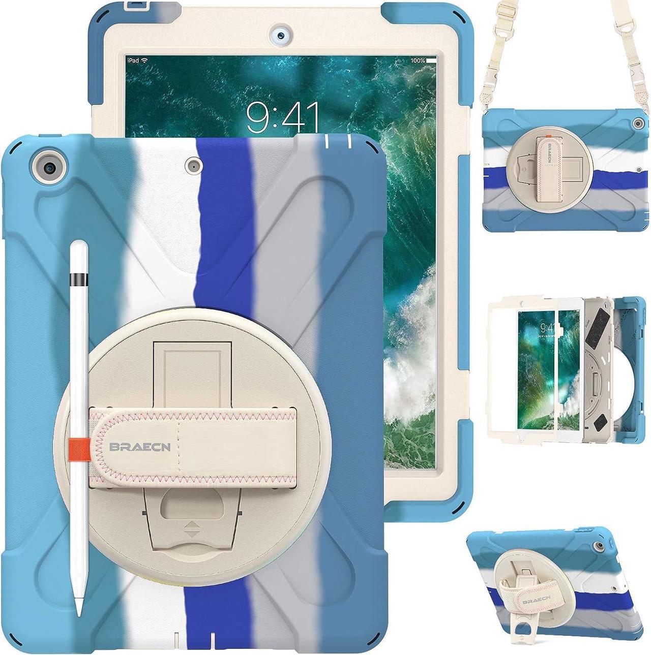 iPad 9.7 Inch Case 2018/2017, Heavy Duty Shockproof Case Cover with Adjustable Hand Strap, Carrying Shoulder Strap, Kickstand, Pencil Holder for Apple iPad 6th 5th 9.7\u201d for Kids-Rainbow Blue