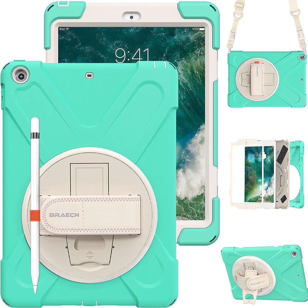 iPad 6th/5th Gen Case 2018/2017, iPad 9.7 Case, Heavy Duty Shockproof Protective Kids Friendly Boys Girls Case with Carrying Shoulder Strap, Built-in Kickstand, Rotating Hand Strap - Mint Green