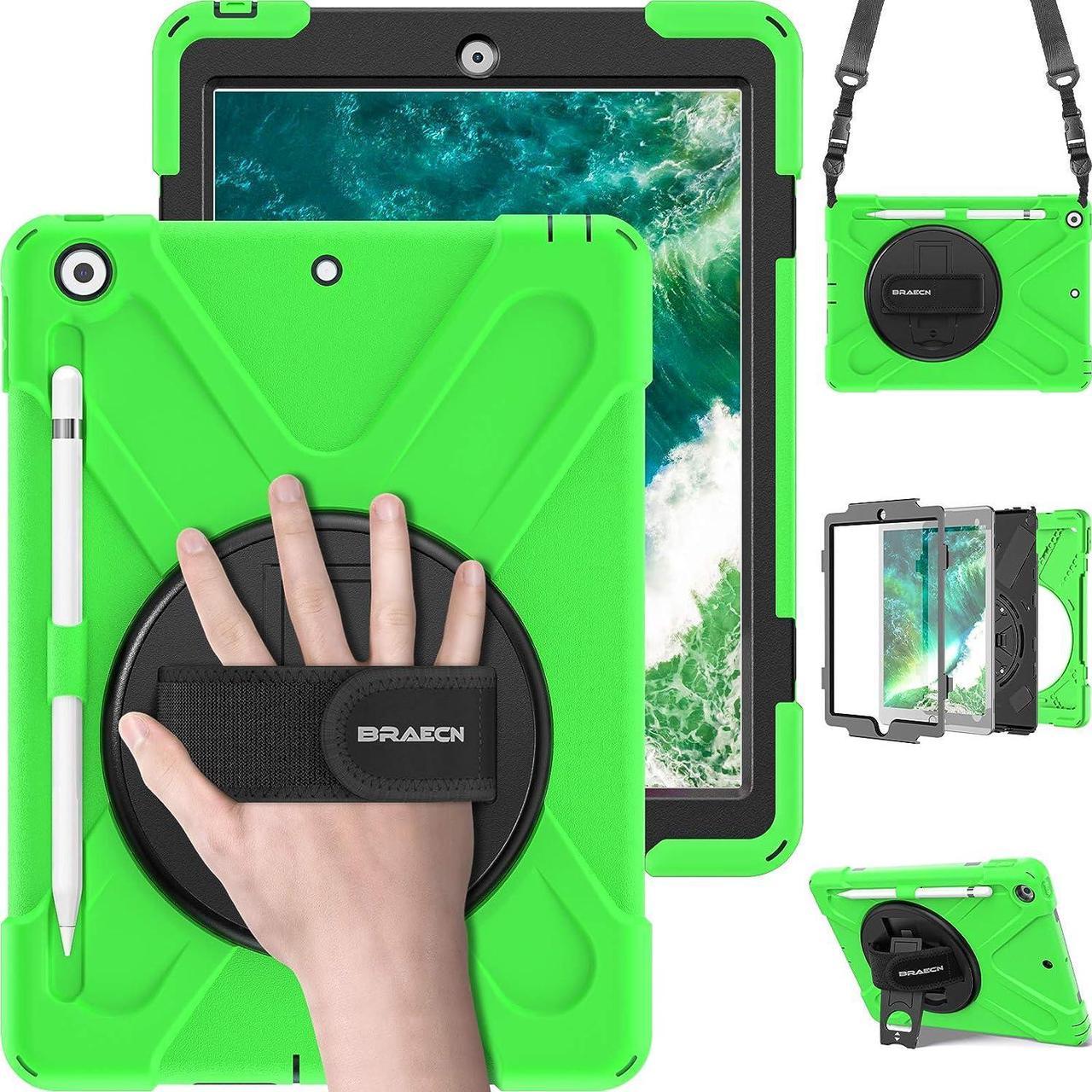 New iPad 6th/ 5th Generation Case,  Protective Shock-Proof Silicone Case with Built-in Pencil Holder, 360 Degree Rotating Stand/Handle Strap, Shoulder Strap for iPad 9.7 Inch 2018 Model-Green