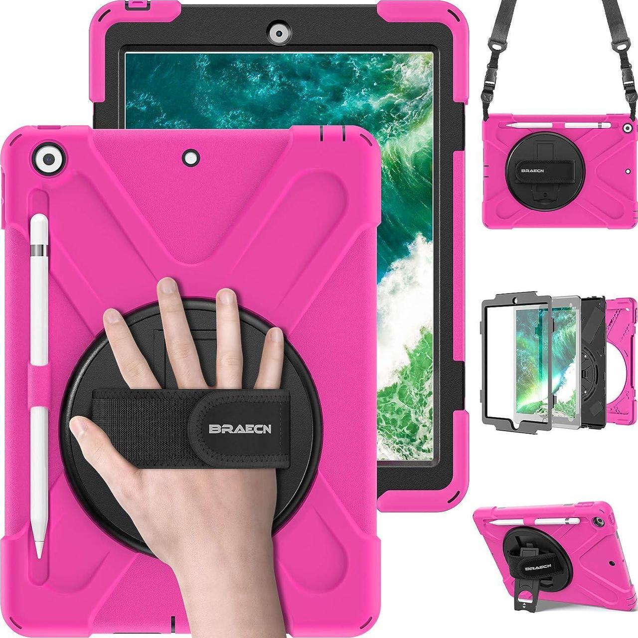 iPad 2018 Case, iPad 9.7 Case - Hybrid Protective Shockproof Rugged Kids Case with Pencil Holder, Kickstand, Hand Strap and Shoulder Strap for iPad 9.7 Inch 6th 5th Gen 2018/2017 Tablet -Rose