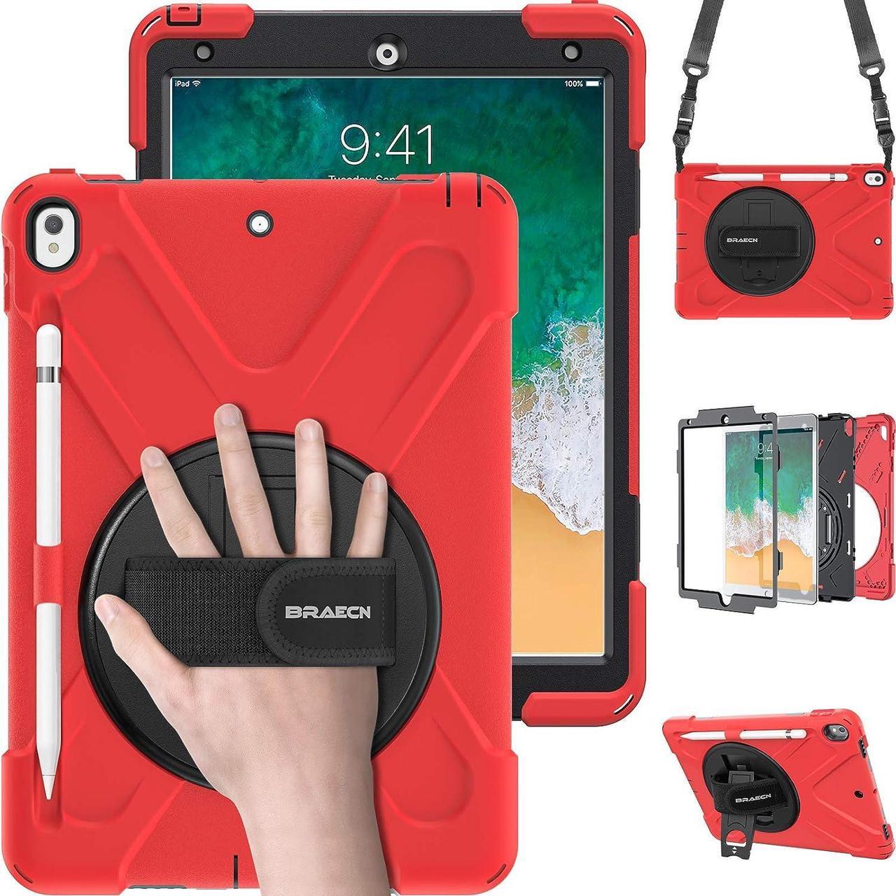 iPad Air 10.5\u201d Case with Pencil Holder, Kickstand/Hand Strap & Shoulder Strap,Heavy Duty Protection Childproof Silicone Kids Case for iPad AIir 3rd Gen 2019 A2152 /iPad Pro 10.5 A1709/A1701-Red