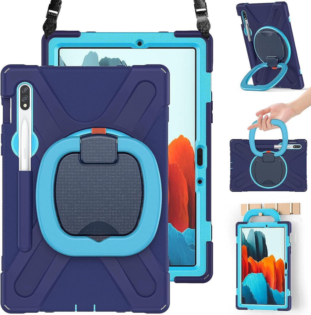 Galaxy Tab S8 Plus/S7 FE/S7 Plus 12.4 Case 2022 (SM-X800/T730/T970), Rugged Silicone Case with Handle Grip,Kickstand,Shoulder Strap,S Pen Holder for Samsung Galaxy Tab S8+ /S7+ 2022-Navy Blue