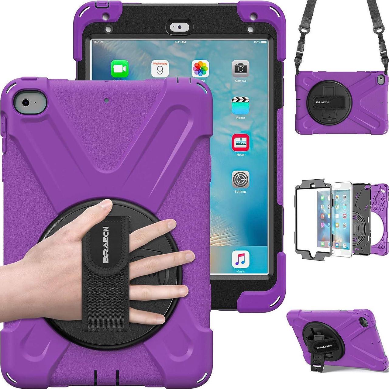 iPad Mini5 Shockproof Case Three Layer Drop Protection Rugged Protective Heavy Duty iPad Mini4 Case with 360 Degree Swivel Stand/Hand Strap and Shoulder Strap for iPad Mini 5/4 Case (Purple)