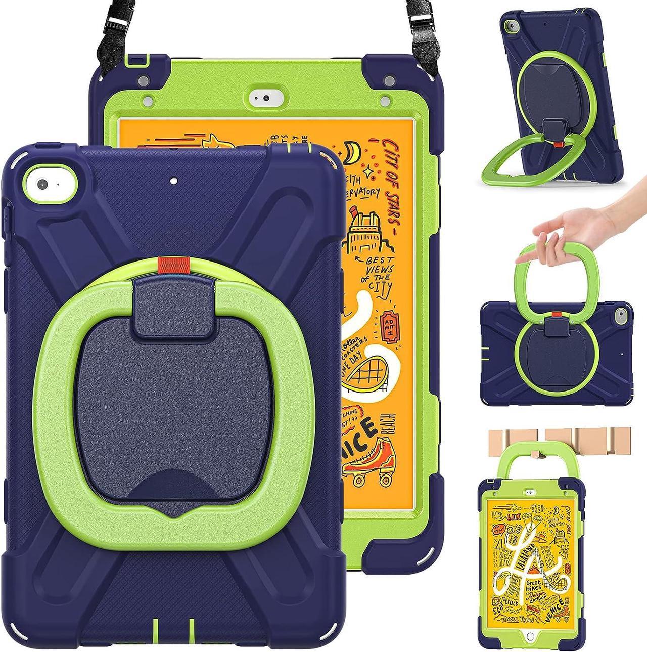 iPad Mini 5 Case-Drop/Shock Proof Case for Kids, Full Body Bumper Silicone Case with Pencil Holder, Hand Grip, Stable Kickstand, Shoulder Strap for iPad Mini 5/4 2019/2015 7.9 Inch, Navy+Green