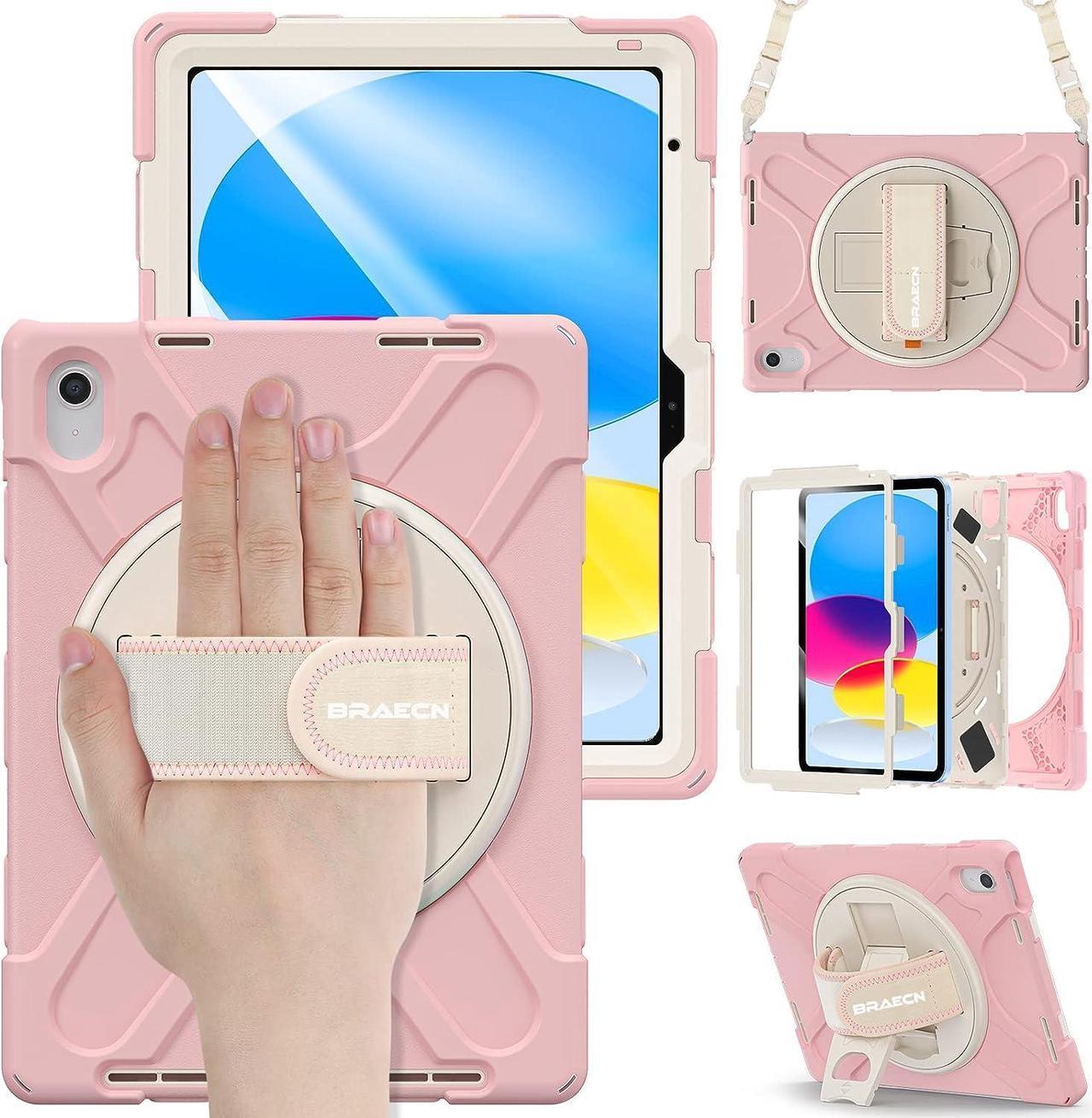 iPad 10 Gen 10.9 Inch Case 2022, Three Layer Hybrid Kids Boys Girls Case with Shoulder Strap, Hand Strap, Stand, Screen Protector, Pencil Holder for Apple iPad 10 Gen -Sakura Pink