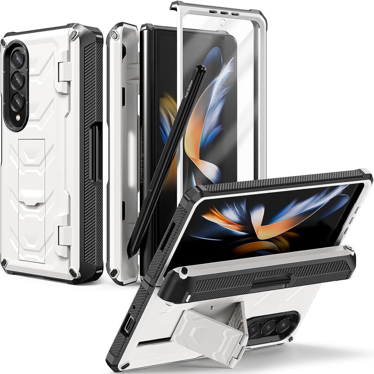 Samsung Galaxy Z Fold4 Case 2022 with Built-in Screen Protector, 360° Rotating Ring Stand, S Pen Holder, Kickstand, Protective Phone Cover Case for Samsung Galaxy Z Fold 4 5G 2022, White