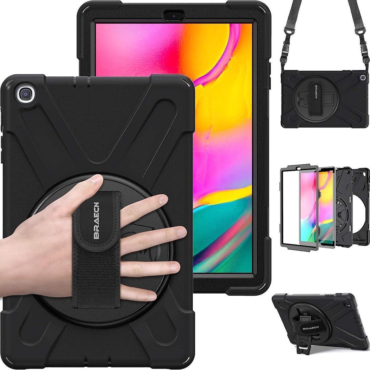 Galaxy Tab A 10.1 2019 Case, Heavy Duty Shockproof Rugged Case with 360 Degree Rotating Hand Strap/Stand and Shoulder Strap for Samsung Tab A 10.1 SM-T510/T515 2019 Model-Kids Student (Black)