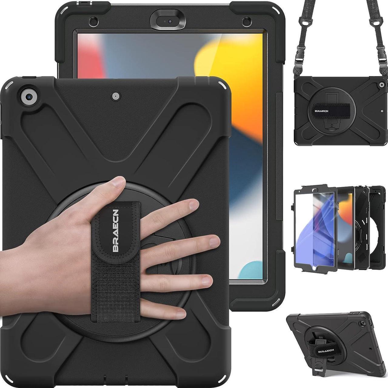 iPad 9th/8th/7th Generation Case, iPad 10.2 2021/2020/2019 Case with Built in Screen Protector, Hand Strap, Swiveling Stand, Carrying Strap, Heavy Duty Rugged Case for iPad 10.2 Inch -Black