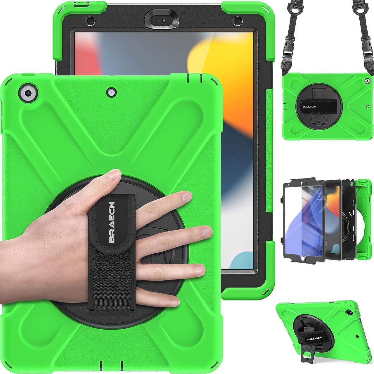 Case for iPad 10.2 2021/2020/2019, iPad 9th/8th/7th Generation Cases,Three Layer Heavy Duty Protective Kids Case with Screen Protector, Hand Strap,Shoulder Strap,Kickstand for iPad 9/8/7 -Green