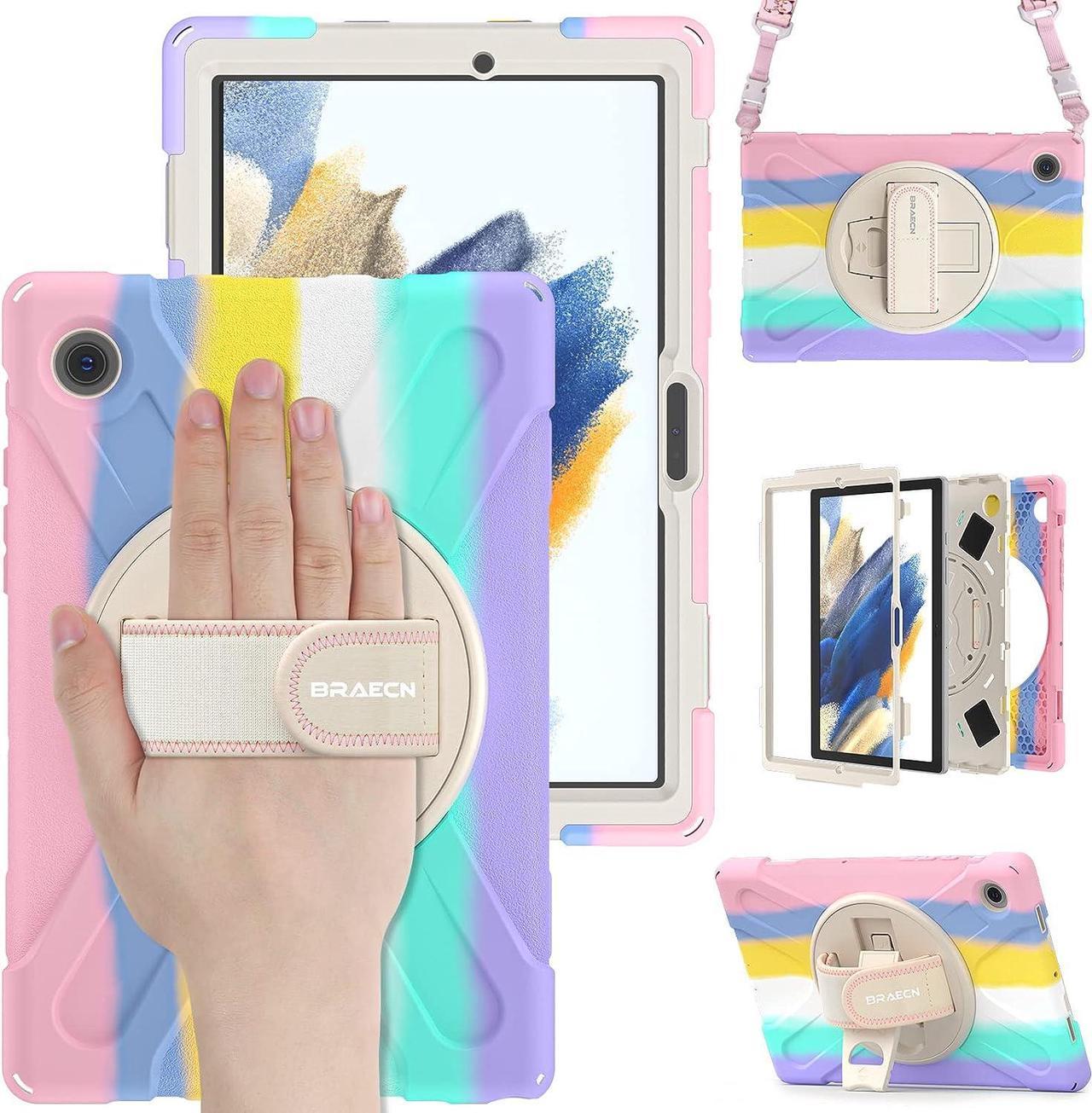 Samsung Galaxy Tab A8 10.5 Inch Case for Kids 2022, Rugged and Durable with 360 Degree Swivel Stand/Hand Strap/Cute Shoulder Strap for Samsung A8 10.5 Inch SM-X200 /SM-205 -Light Rainbow\u2026