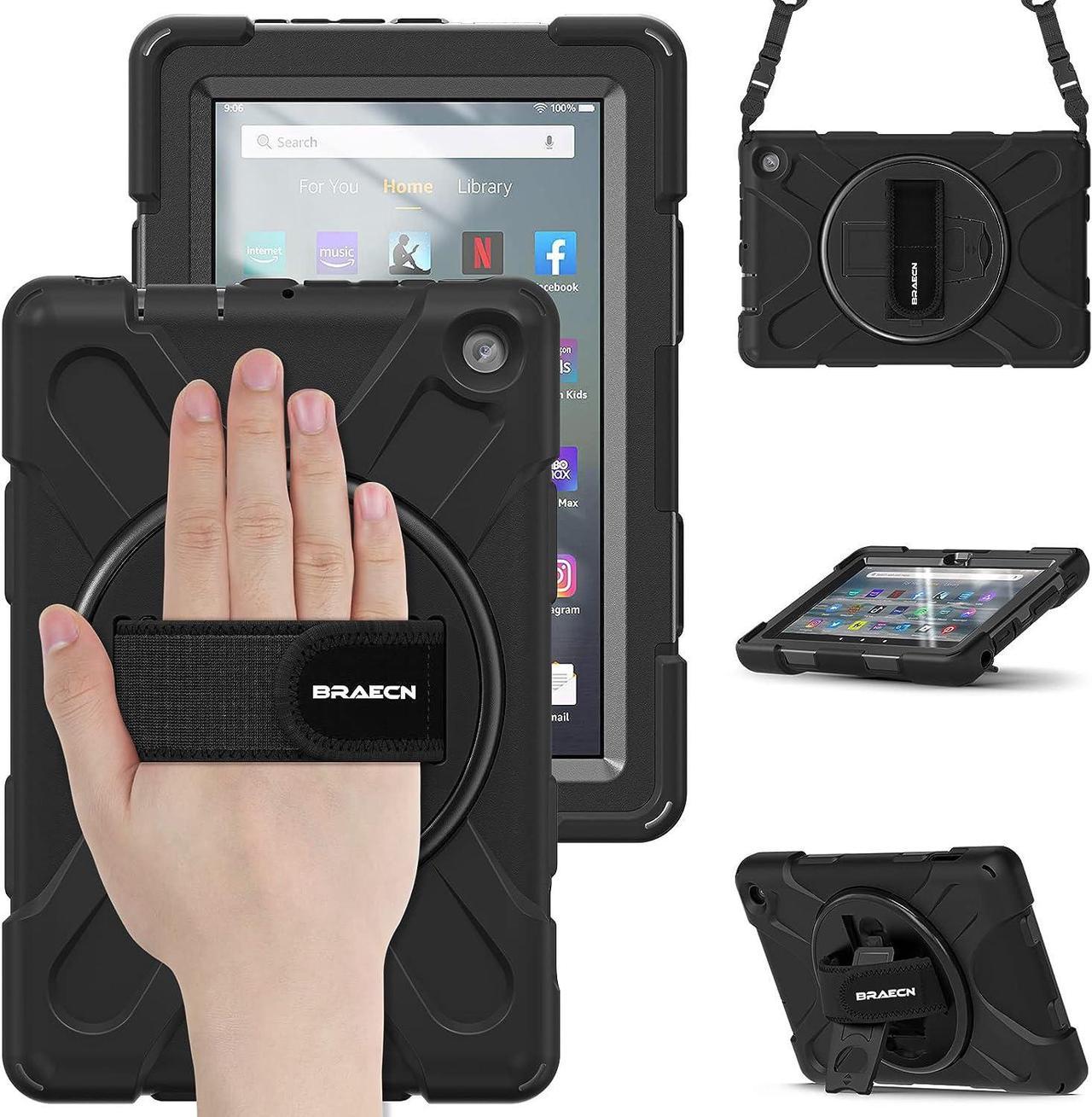 Kindle Fire 7 Tablet Case 2022 12th Generation,Heavy Duty Shockproof Protective Case with Rotating Hand Strap,Carrying Shoulder Strap/Kickstand for Amazon Fire 7 2022 Tablet - Black