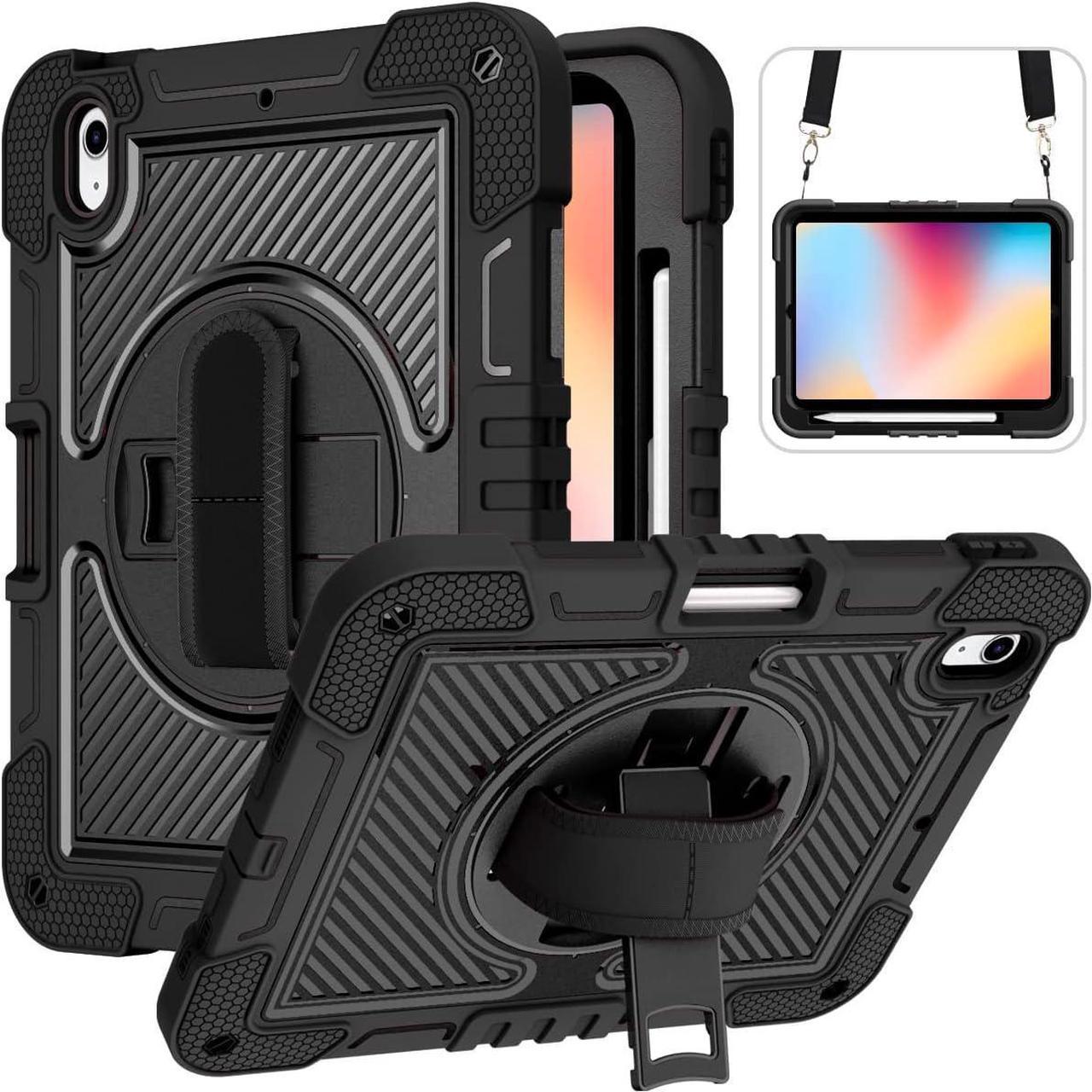 Case for iPad 10th Generation 10.9 Inch 2022, Built-in Pencil Holder Heavy Duty Shockproof Rugged Protective Case with Full Body 360 Rotate Stand Hand Strap Case