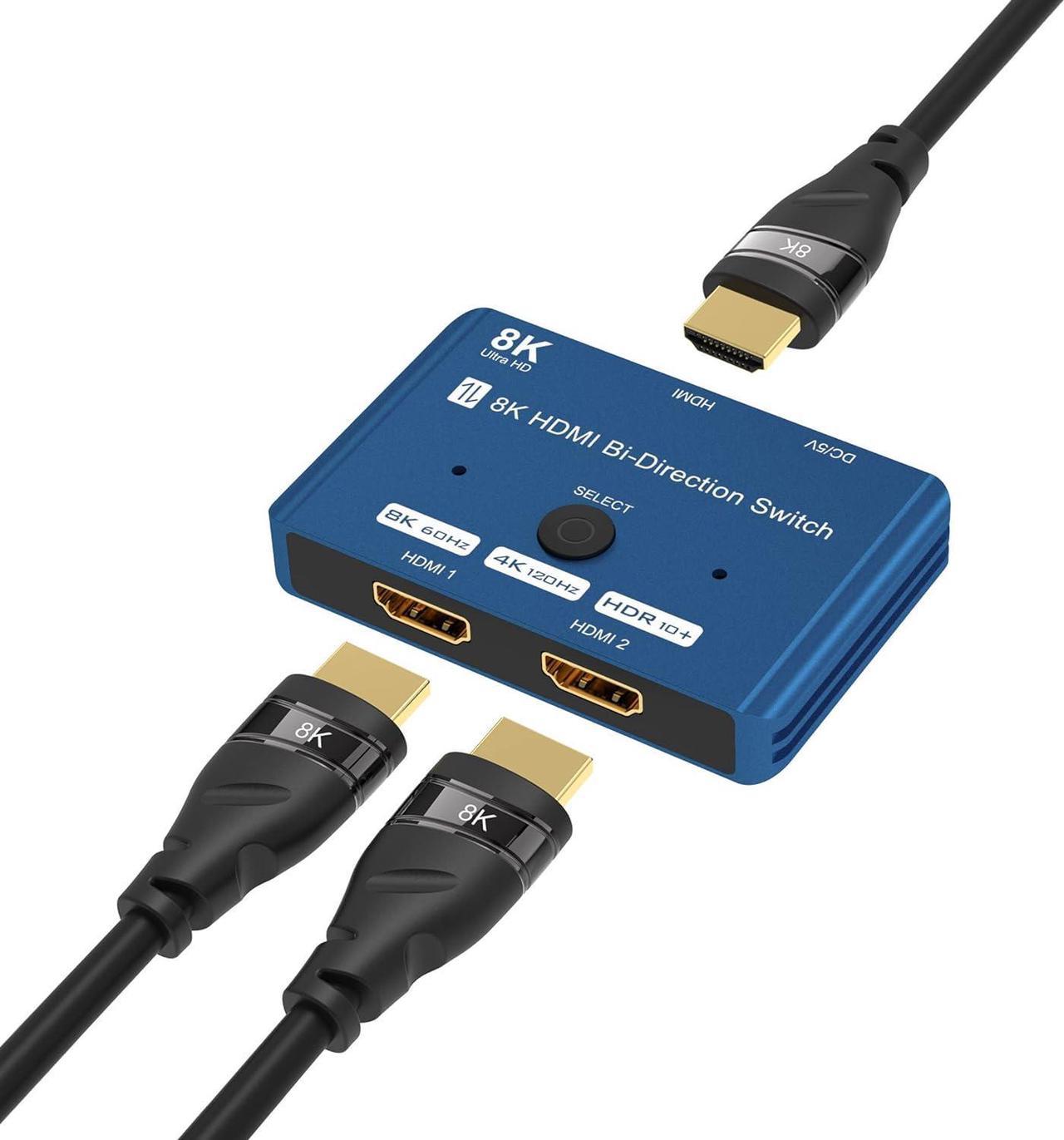 CABLEDECONN HDMI 2.1 Switch 8K Bi-Directional Splitter 8K@60Hz 4K@120Hz 1440p@165Hz 1080P@240Hz 1in 2out 2in 1out High Speed 48Gbps eARC Converter Compatible with Xbox X PS5 Blue ¡­