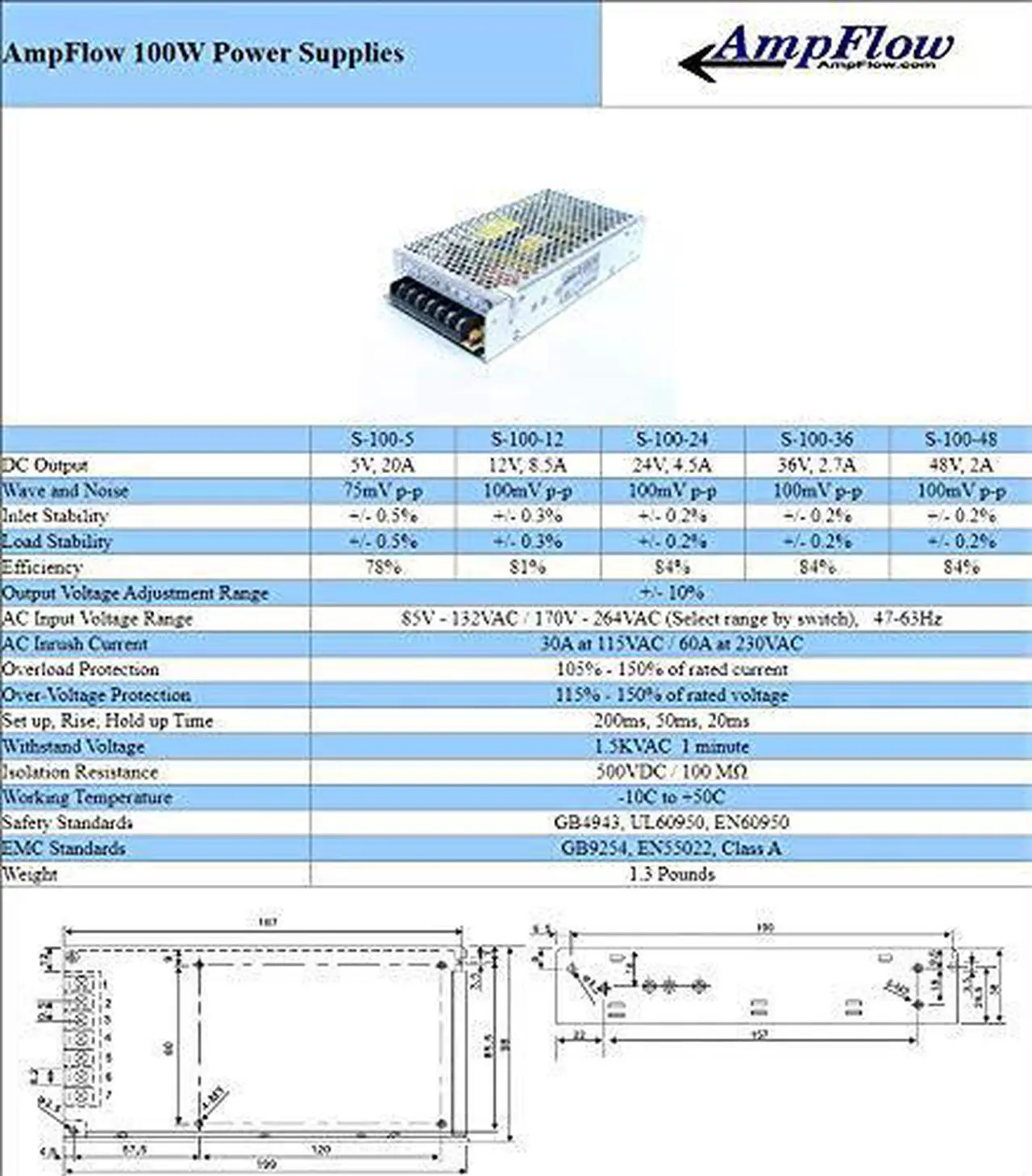 Alt view image 2 of 2 - AmpFlow S-100-5 100W, 20A, 5V DC Power Supply