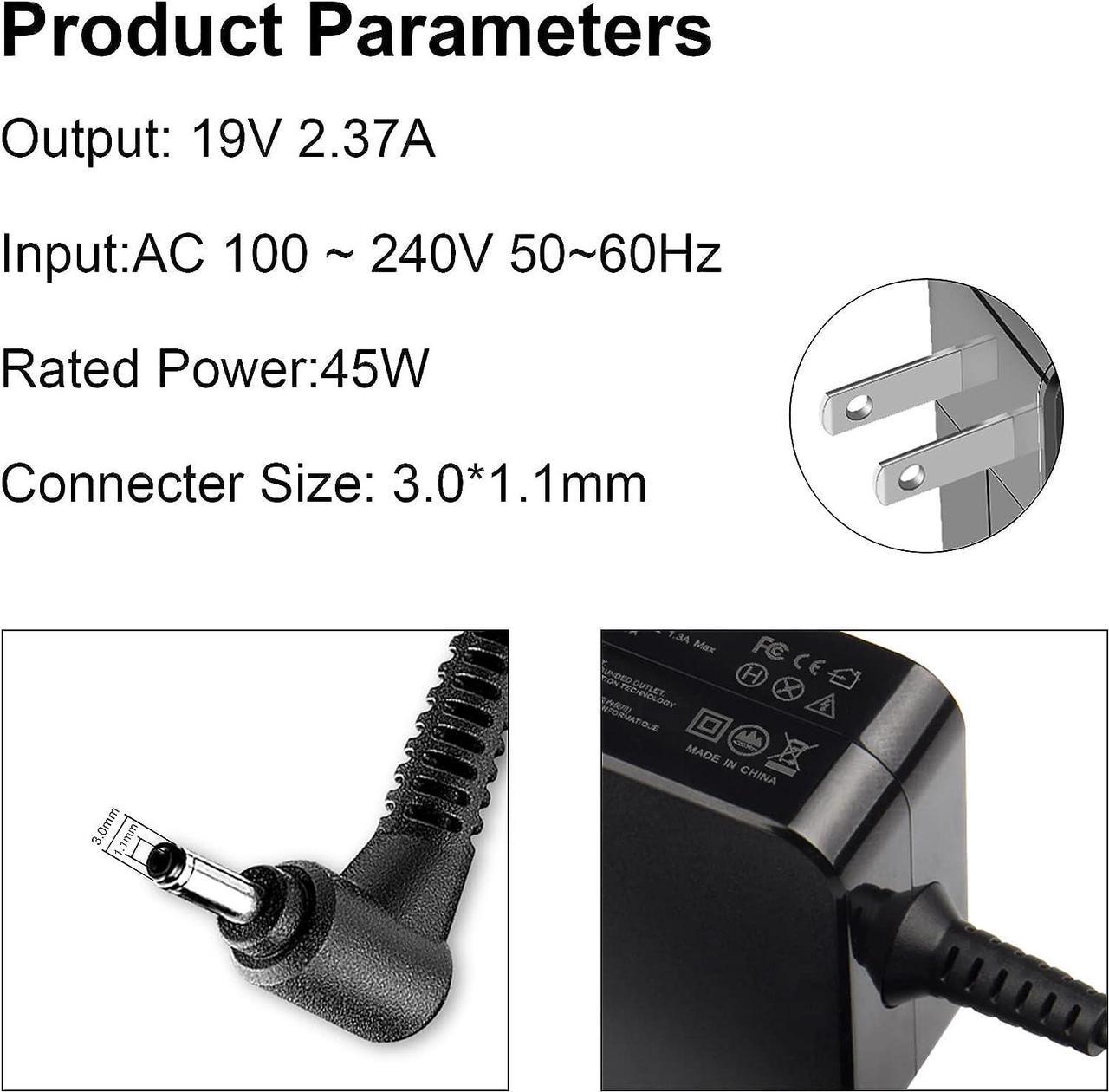 Alt view image 6 of 7 - 19V 2.37A 45W AC Adapter Laptop Computer Charger Notebook PC Power Cord Supply Plug Compatible with for Asus Zenbook UX21 UX21E Transformer Book T200TA T300CHI Acer Chromebook 3.0 x 1.1 mm