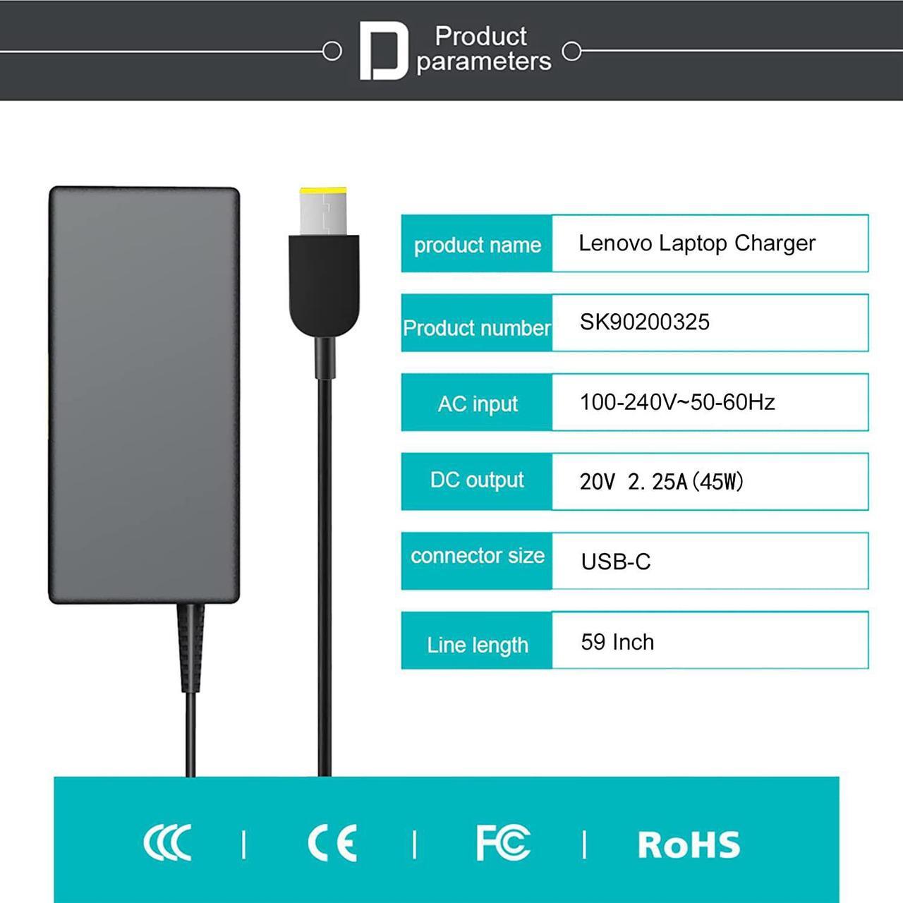 Alt view image 3 of 6 - 45w Lenovo Laptop Charger Replacement for Lenovo ThinkPad T470 T460 T450s T570 Yoga 260 T450 T470s T550 Yoga 370 Yoga 460 Yoga 11e Chromebook 11e X240 E570 E555 Yoga 11e T440p AC Adapter Power Cord