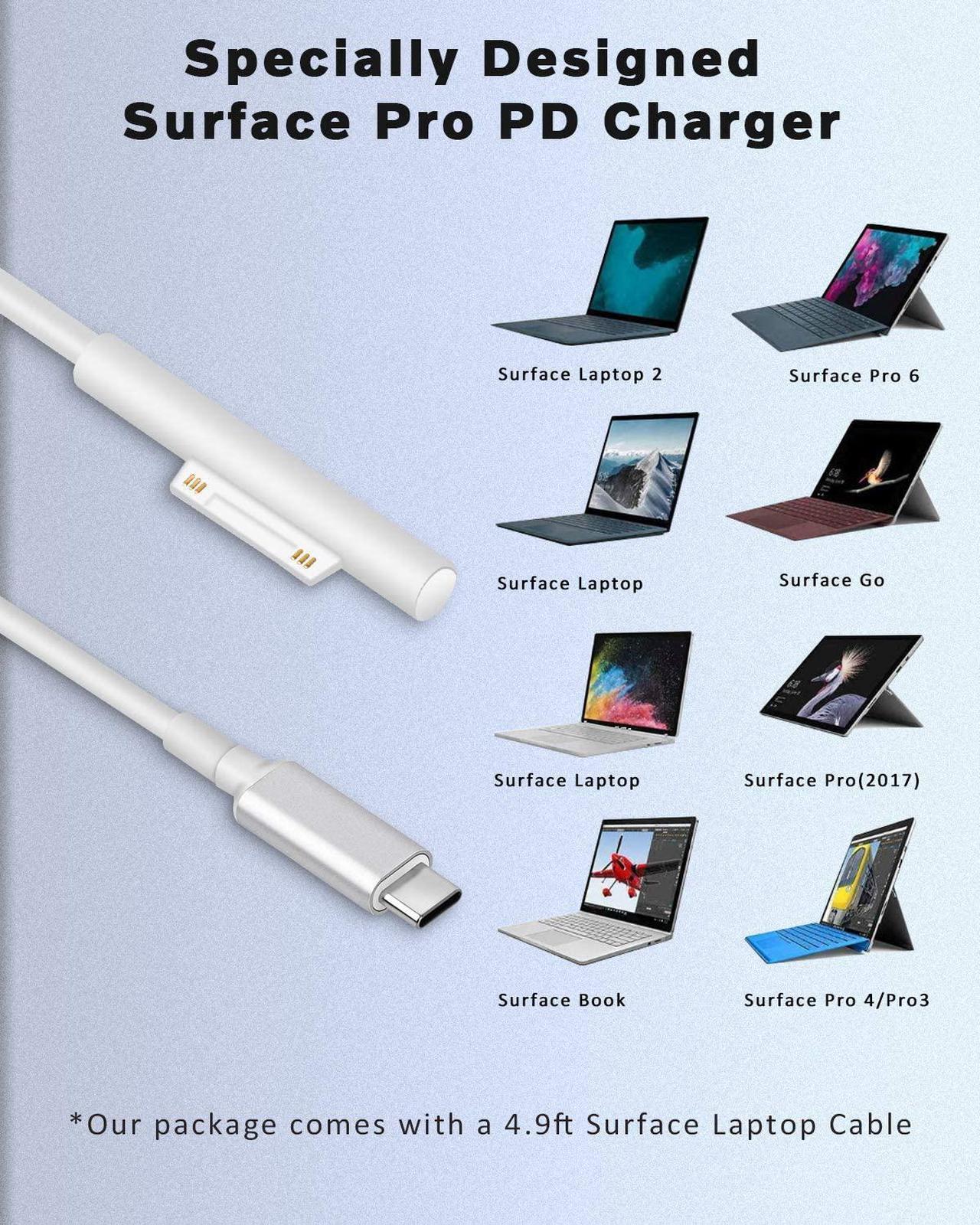 Alt view image 2 of 7 - Surface Pro Charger, 15V 3A 45W Microsoft Surface Wall Charger, USB-C Port and Foldable Plug, for Surface Pro 3/4/5/6/7/X, Laptop 1/2/3, Book 1/2, Portable Laptop Charger with 4.9ft Surface Power Cord