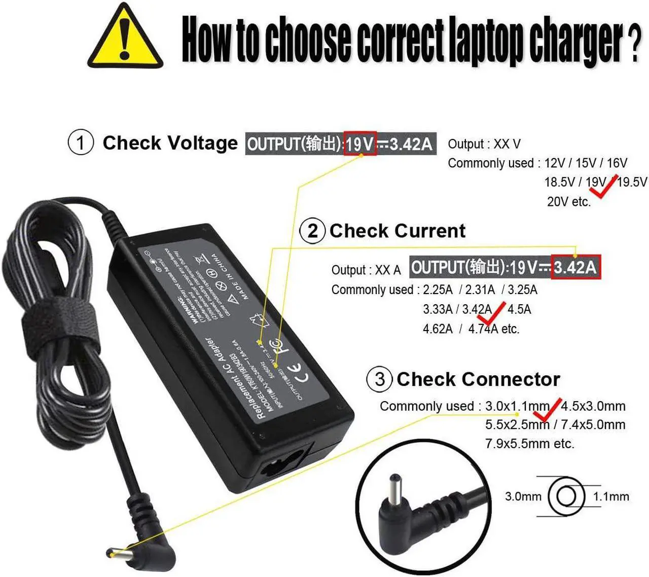 Alt view image 2 of 7 - 19V 3.42A 65W AC Charger Adapter Compatible with Acer Chromebook 15 14 13 11 R11 C720 CB5 CB3 CB3-431 CB3-111 C740 C810 C910 CB3-531 CB5-571 CB5-311, Aspire One Cloudbook AO1-131 AO1-431 PA-1450-26