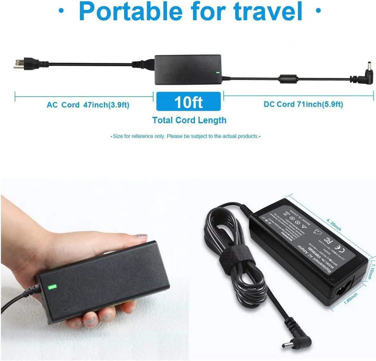 Alt view image 3 of 7 - 19V 3.42A 65W AC Charger Adapter Compatible with Acer Chromebook 15 14 13 11 R11 C720 CB5 CB3 CB3-431 CB3-111 C740 C810 C910 CB3-531 CB5-571 CB5-311, Aspire One Cloudbook AO1-131 AO1-431 PA-1450-26