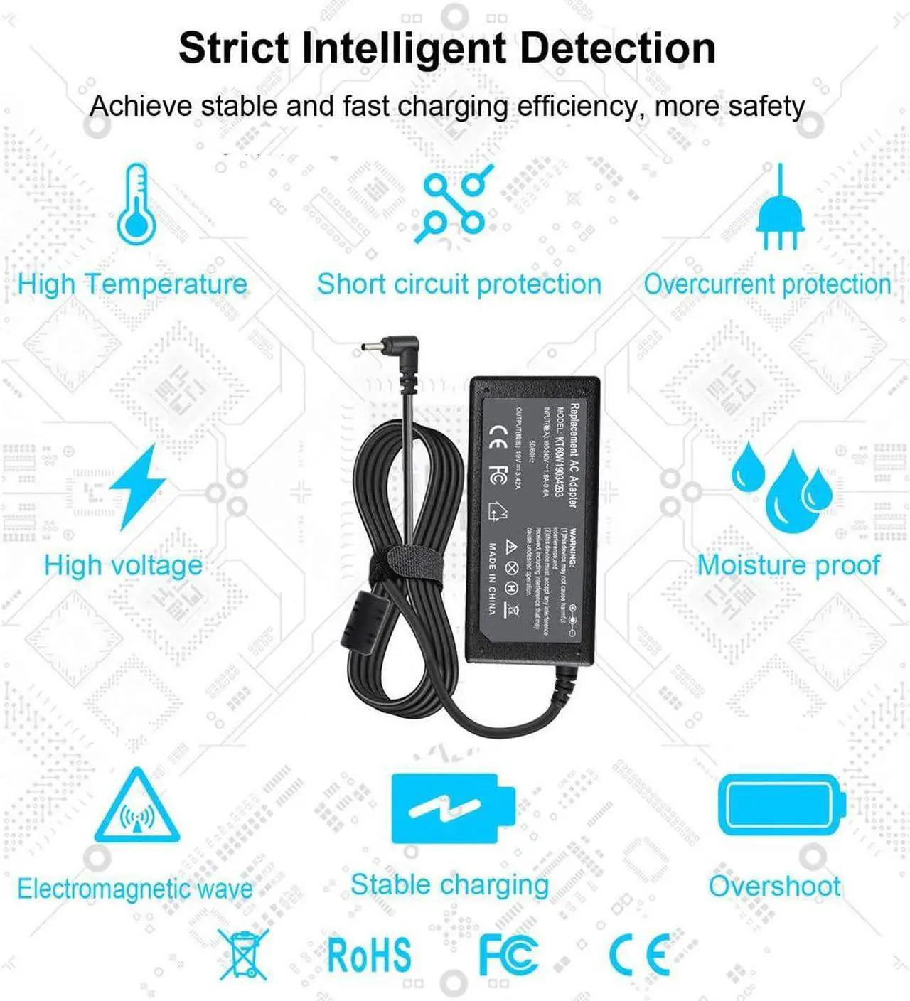 Alt view image 5 of 7 - 19V 3.42A 65W AC Charger Adapter Compatible with Acer Chromebook 15 14 13 11 R11 C720 CB5 CB3 CB3-431 CB3-111 C740 C810 C910 CB3-531 CB5-571 CB5-311, Aspire One Cloudbook AO1-131 AO1-431 PA-1450-26