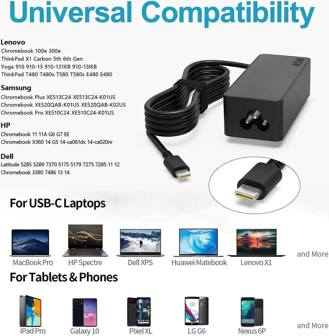 Alt view image 2 of 7 - 45W USB-C Type-C Laptop Charger Fit for HP Chromebook 14 13 14A 11 11A G6 G7 G8 EE Spectre x360 G5 Elite x2 12-c012dx 14-ca051wm 14-ca020nr PA-1450-78 PA-1450-80 A16-045N1A ADP-45PE B 12-f014dx
