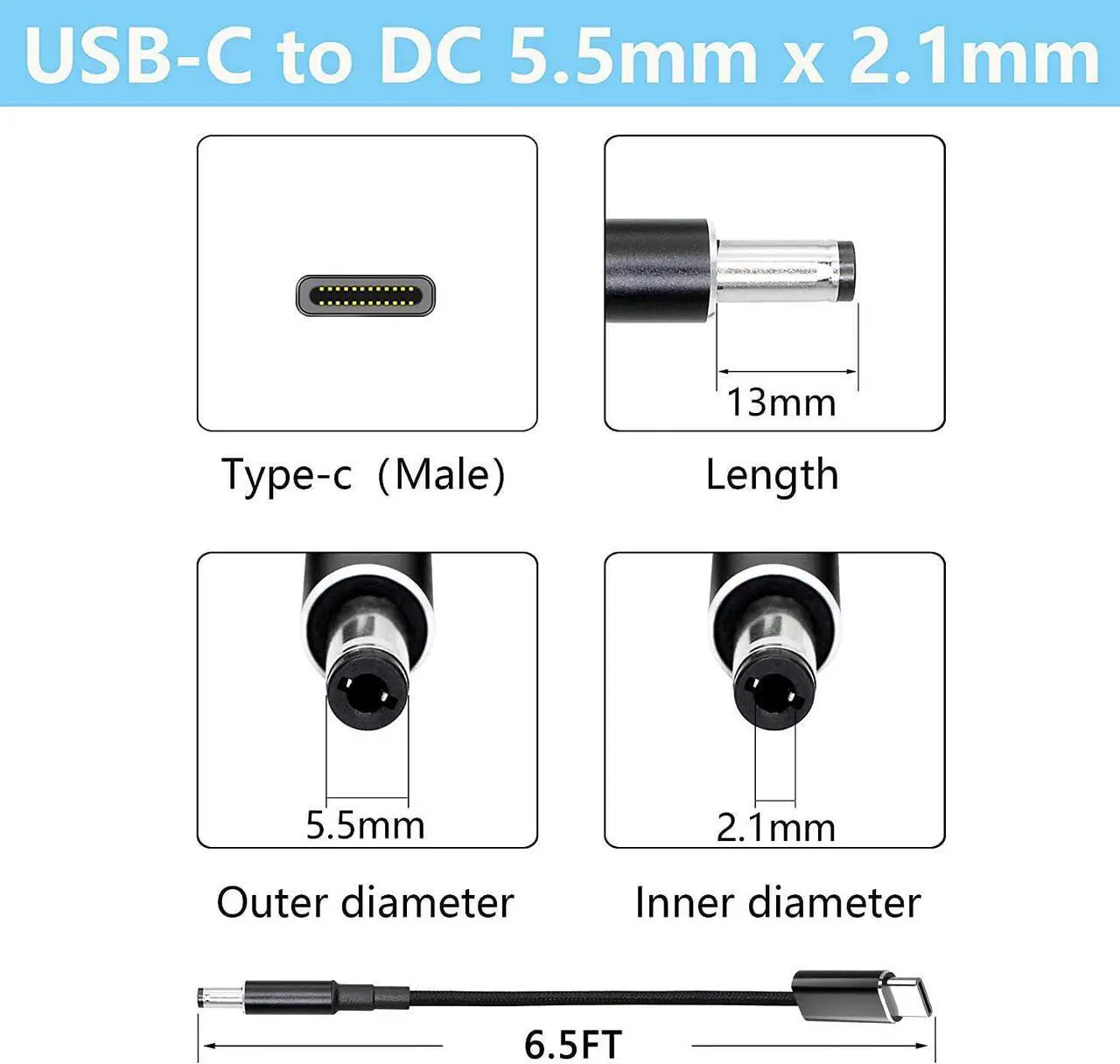 Alt view image 2 of 7 - USB C to 5.5mm Adapter Cable Braided 19V 20V 100W Power Bank Battery Pack Charging Supply Type C Male to DC 5.5 x2.1mm Barrel Converter Cord Universal for UPS ONT Router Acer Toshiba Laptop PD Charger